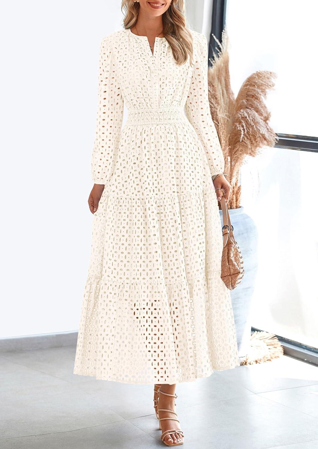 imagePRETTYGARDEN Womens Long Sleeve Maxi Dress V Neck Hollow Out Eyelet A Line Long Flowy 2025 Fall Wedding Guest DressesWhite