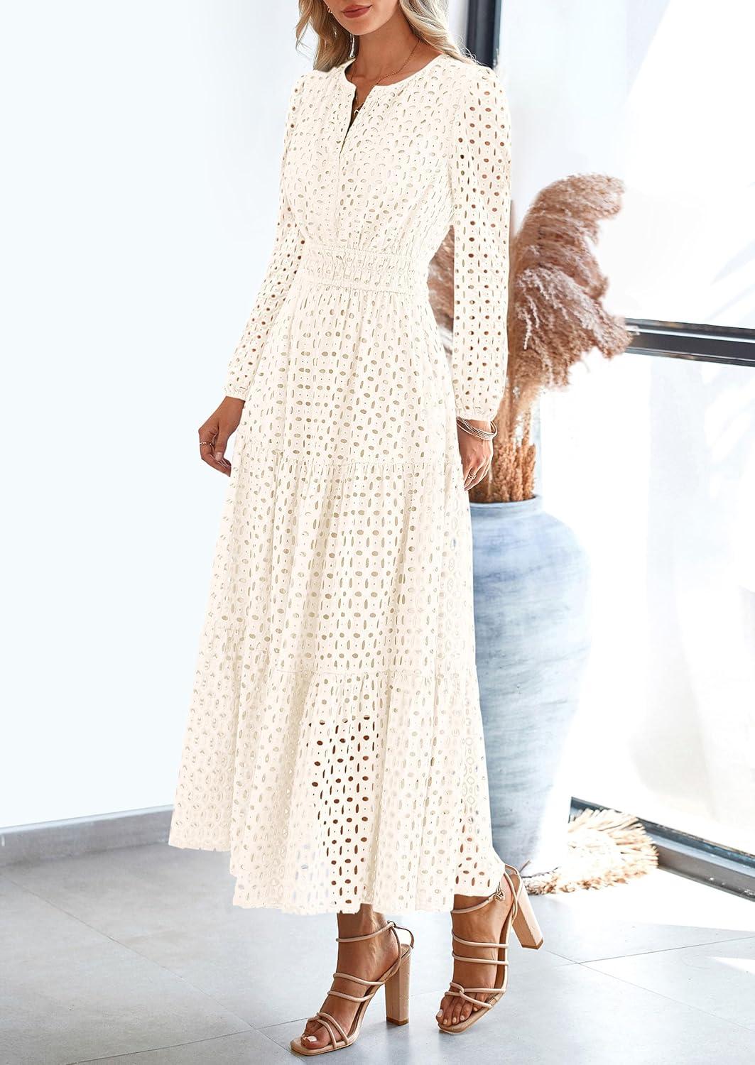 imagePRETTYGARDEN Womens Long Sleeve Maxi Dress V Neck Hollow Out Eyelet A Line Long Flowy 2025 Fall Wedding Guest DressesWhite
