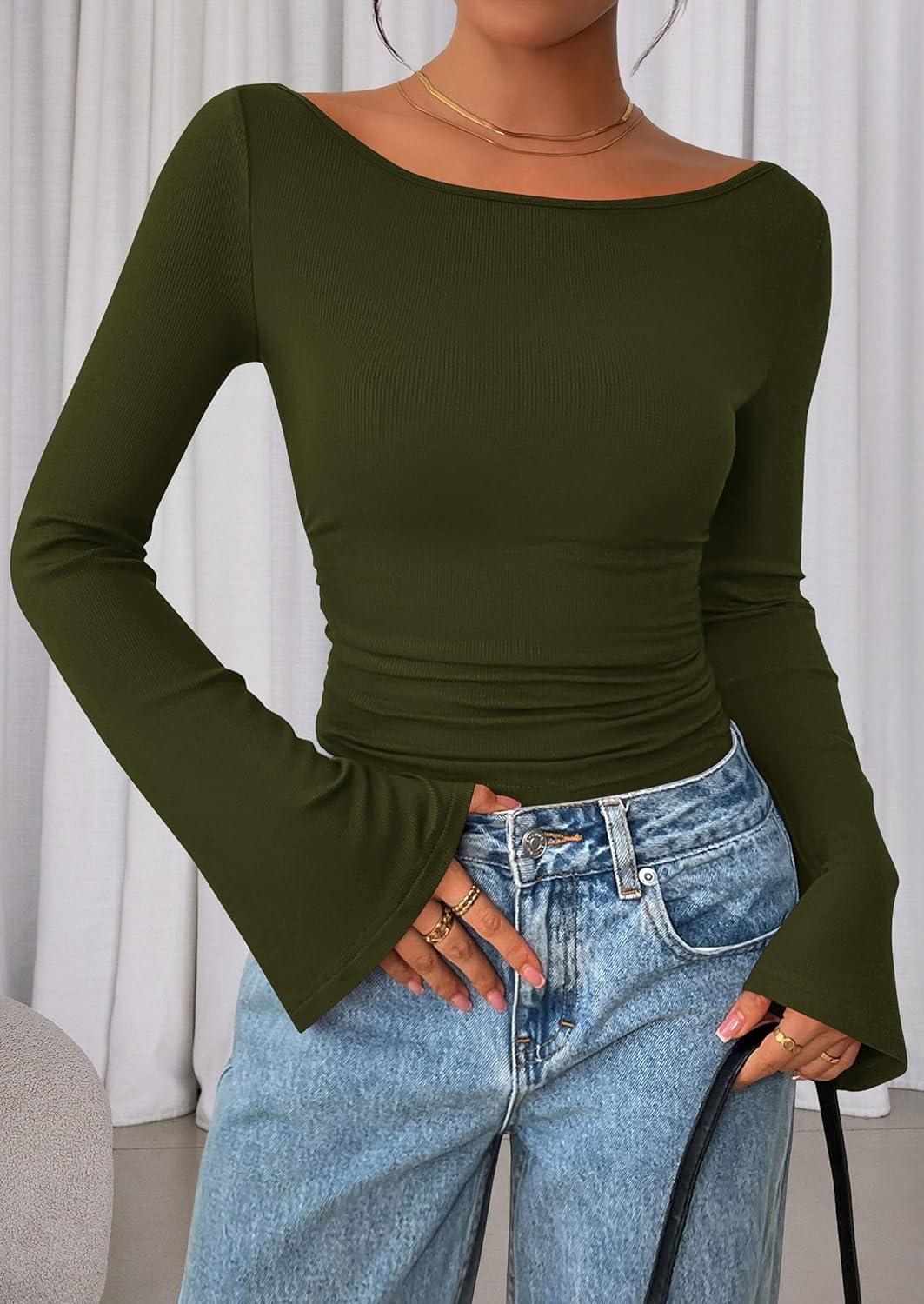 imagePRETTYGARDEN Womens Long Sleeve Shirts 2025 Fall Crop Going Out Tops Casual Boat Neck Bell Sleeve Ribbed Ruched Y2K ClothesArmy Green