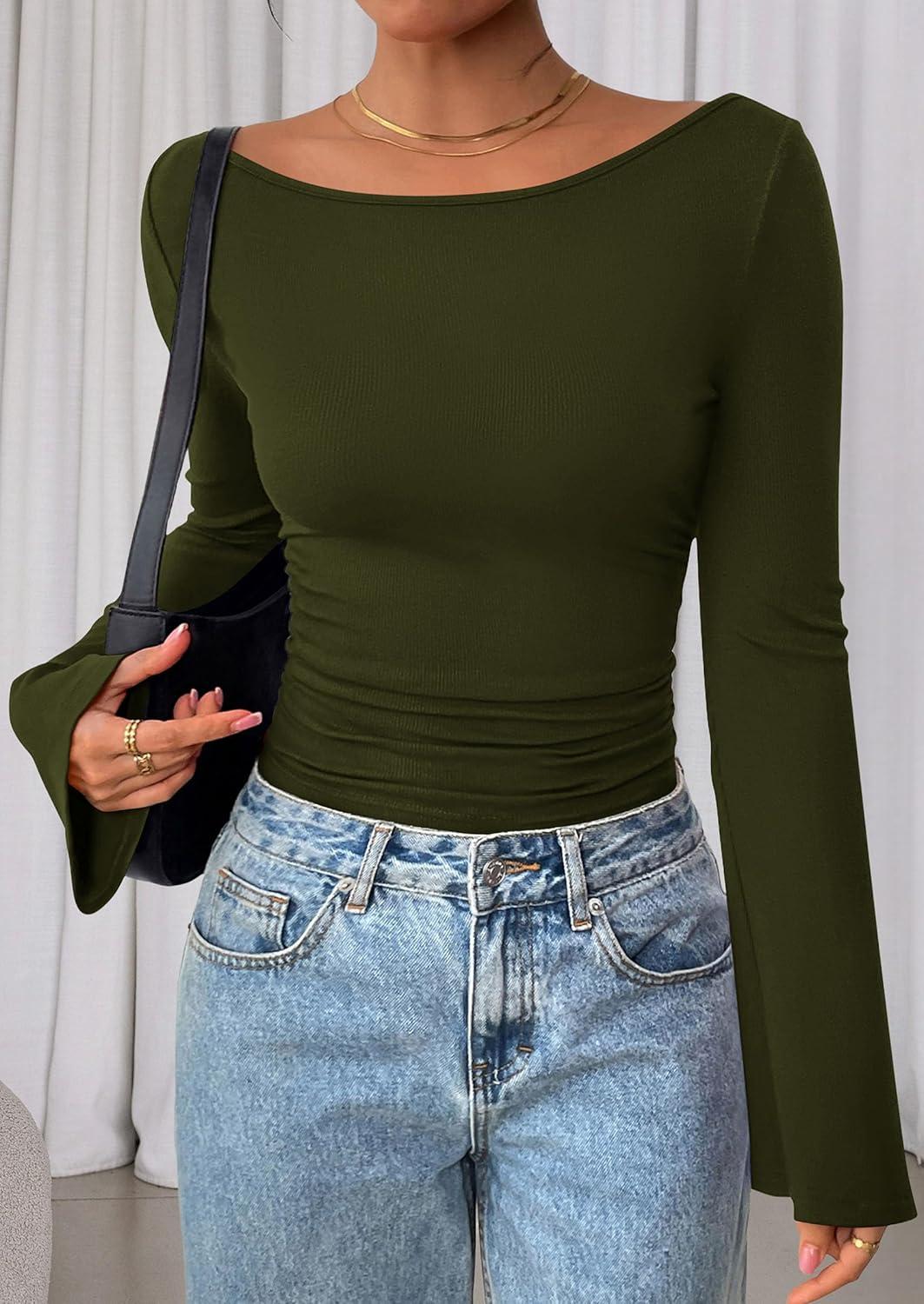 imagePRETTYGARDEN Womens Long Sleeve Shirts 2025 Fall Crop Going Out Tops Casual Boat Neck Bell Sleeve Ribbed Ruched Y2K ClothesArmy Green