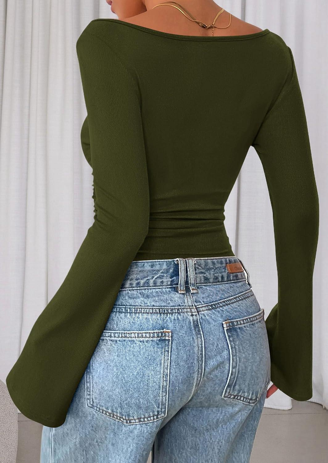imagePRETTYGARDEN Womens Long Sleeve Shirts 2025 Fall Crop Going Out Tops Casual Boat Neck Bell Sleeve Ribbed Ruched Y2K ClothesArmy Green