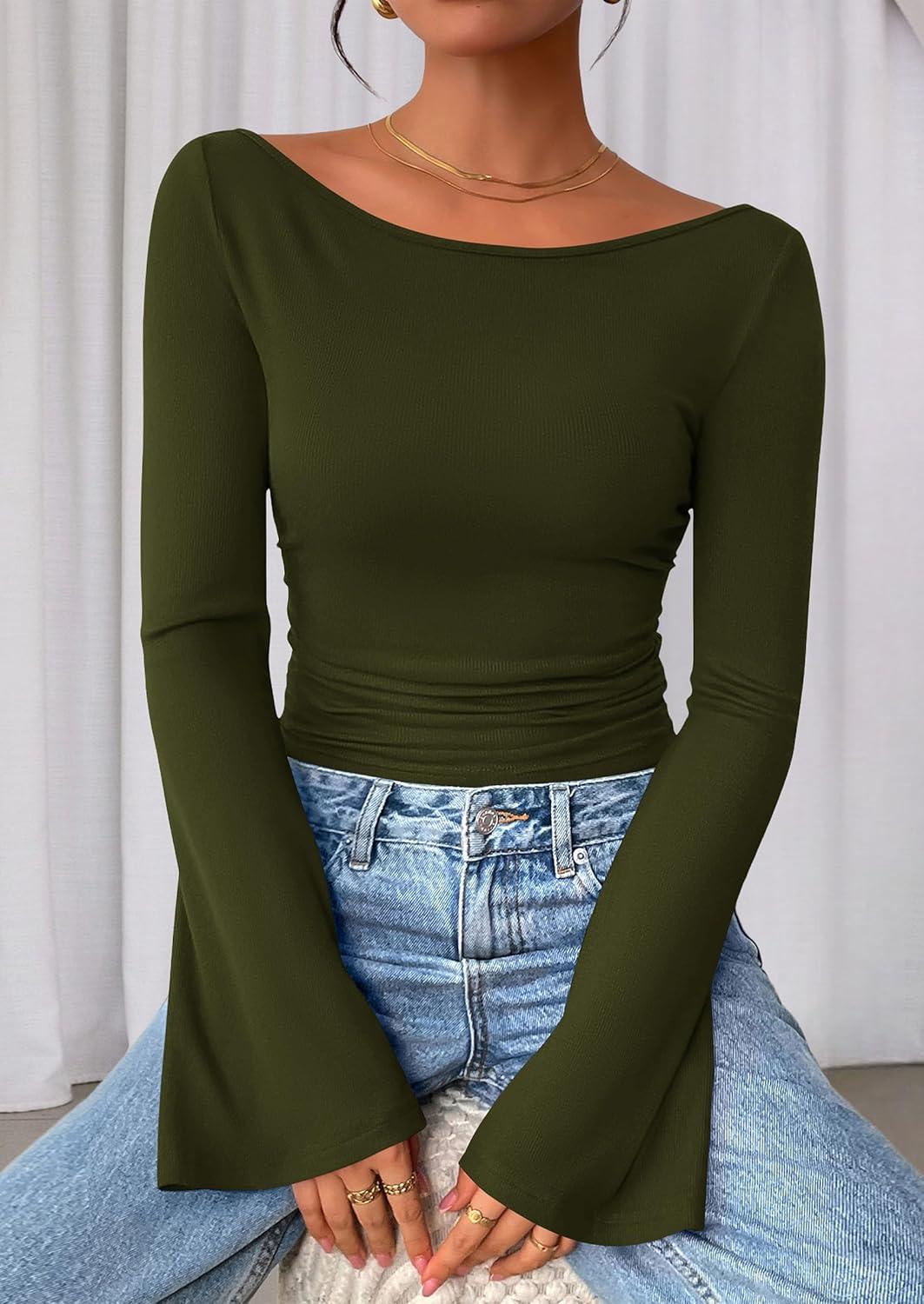 imagePRETTYGARDEN Womens Long Sleeve Shirts 2025 Fall Crop Going Out Tops Casual Boat Neck Bell Sleeve Ribbed Ruched Y2K ClothesArmy Green