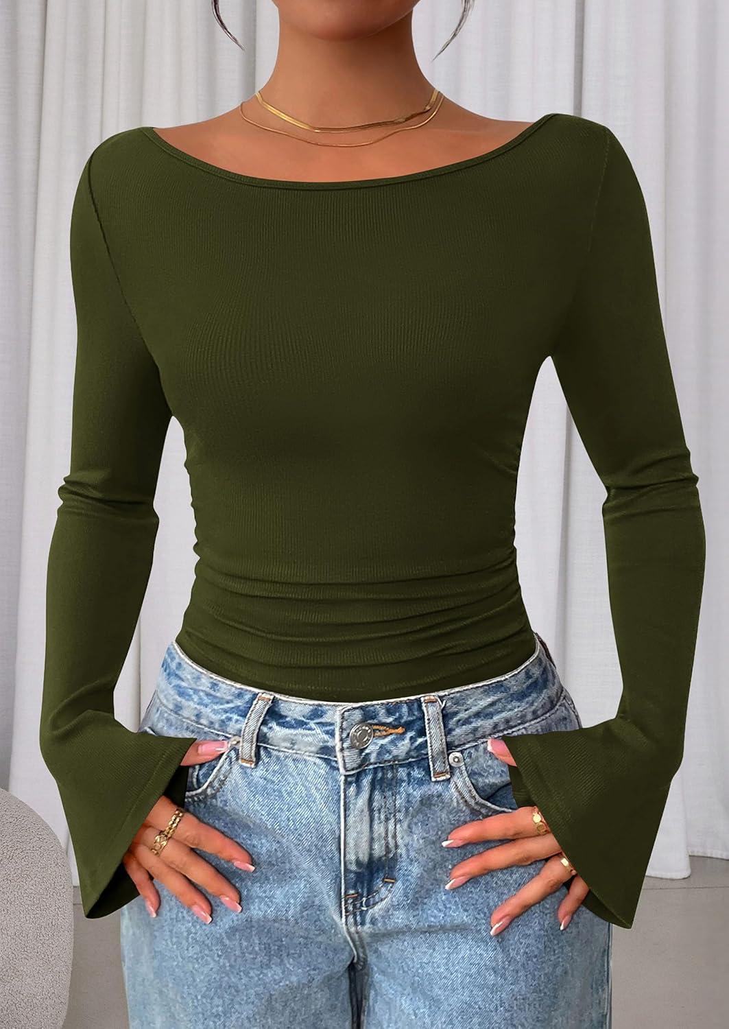 imagePRETTYGARDEN Womens Long Sleeve Shirts 2025 Fall Crop Going Out Tops Casual Boat Neck Bell Sleeve Ribbed Ruched Y2K ClothesArmy Green