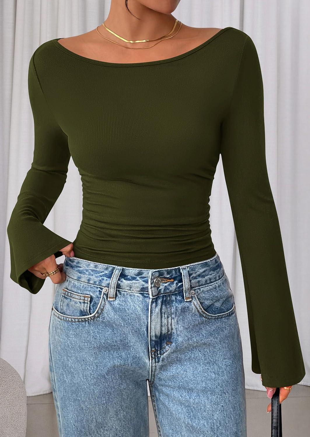 imagePRETTYGARDEN Womens Long Sleeve Shirts 2025 Fall Crop Going Out Tops Casual Boat Neck Bell Sleeve Ribbed Ruched Y2K ClothesArmy Green