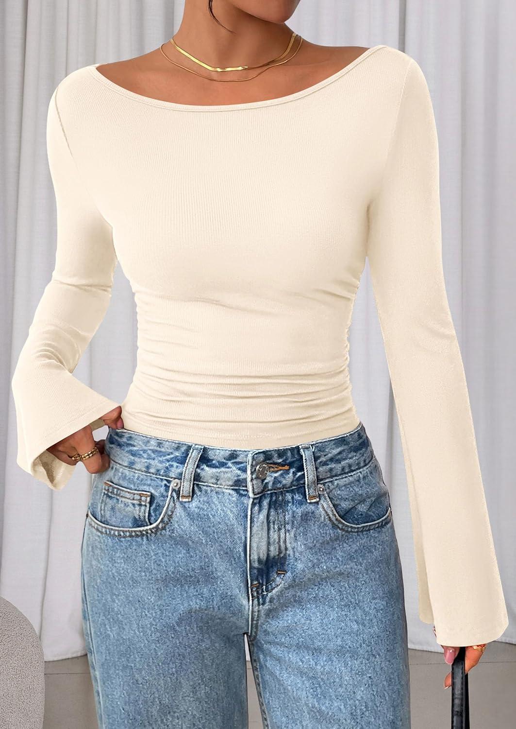 imagePRETTYGARDEN Womens Long Sleeve Shirts 2025 Fall Crop Going Out Tops Casual Boat Neck Bell Sleeve Ribbed Ruched Y2K ClothesBeige