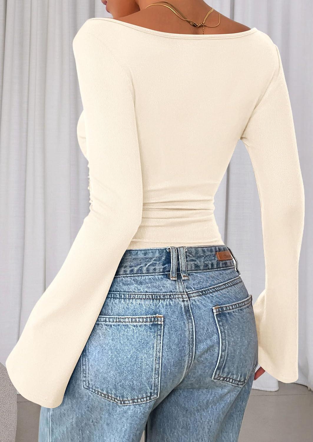 imagePRETTYGARDEN Womens Long Sleeve Shirts 2025 Fall Crop Going Out Tops Casual Boat Neck Bell Sleeve Ribbed Ruched Y2K ClothesBeige