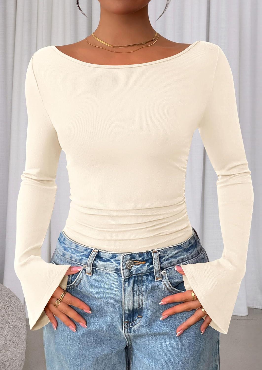imagePRETTYGARDEN Womens Long Sleeve Shirts 2025 Fall Crop Going Out Tops Casual Boat Neck Bell Sleeve Ribbed Ruched Y2K ClothesBeige