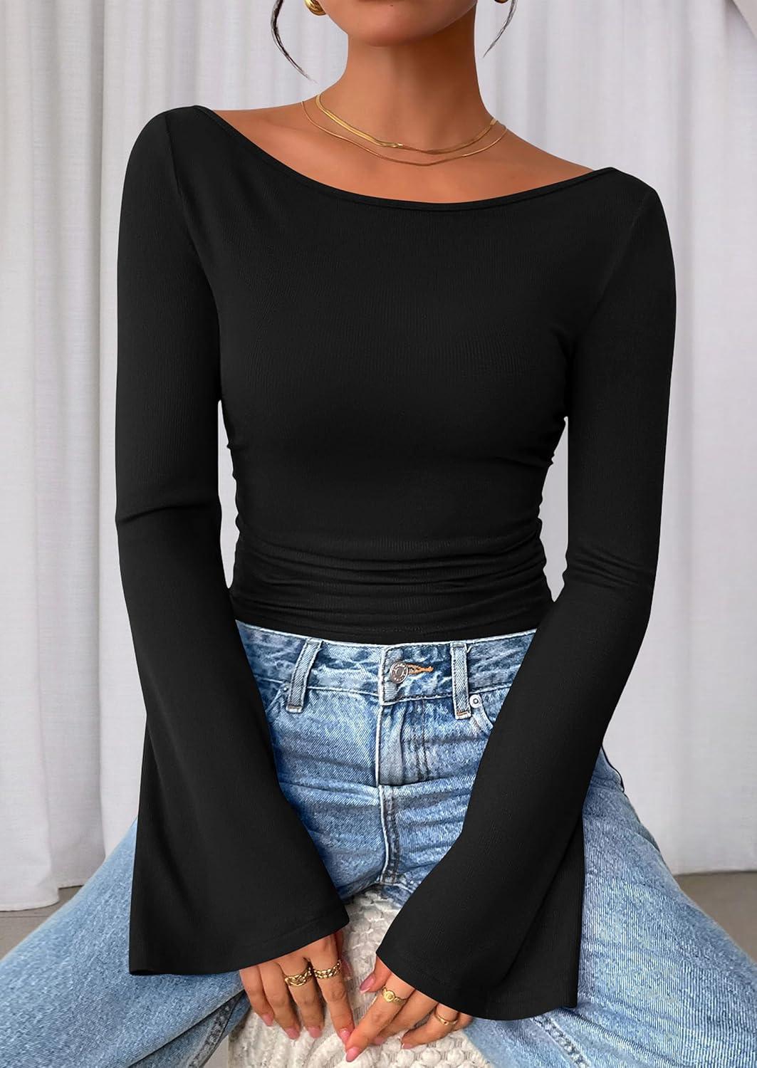 imagePRETTYGARDEN Womens Long Sleeve Shirts 2025 Fall Crop Going Out Tops Casual Boat Neck Bell Sleeve Ribbed Ruched Y2K ClothesBlack