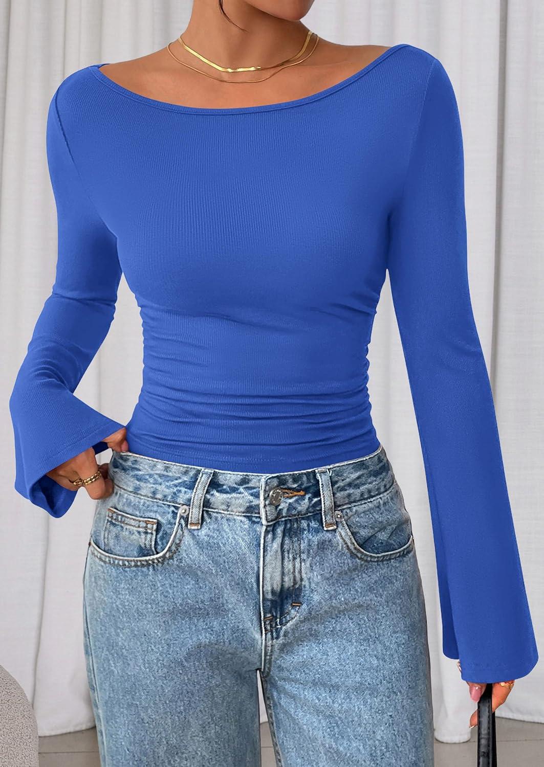 imagePRETTYGARDEN Womens Long Sleeve Shirts 2025 Fall Crop Going Out Tops Casual Boat Neck Bell Sleeve Ribbed Ruched Y2K ClothesBlue