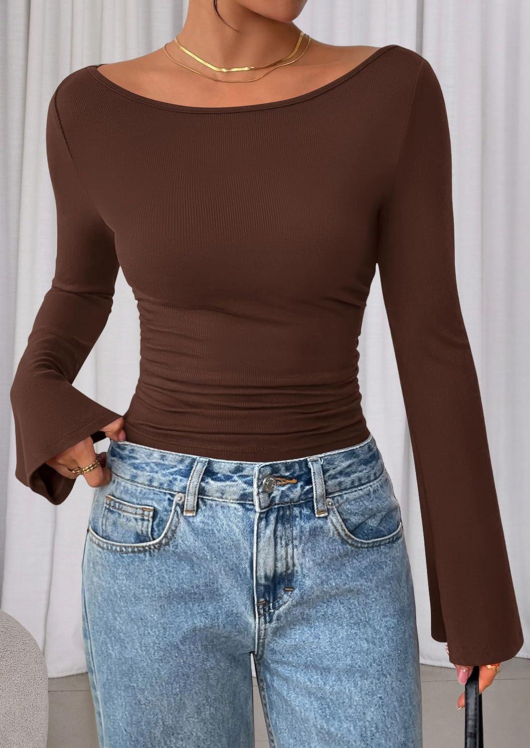imagePRETTYGARDEN Womens Long Sleeve Shirts 2025 Fall Crop Going Out Tops Casual Boat Neck Bell Sleeve Ribbed Ruched Y2K ClothesBrown