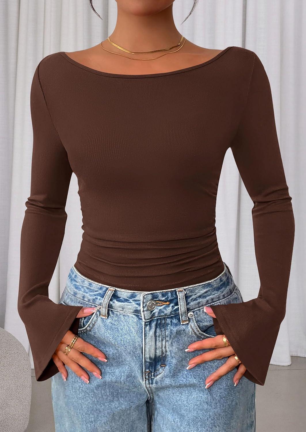 imagePRETTYGARDEN Womens Long Sleeve Shirts 2025 Fall Crop Going Out Tops Casual Boat Neck Bell Sleeve Ribbed Ruched Y2K ClothesBrown