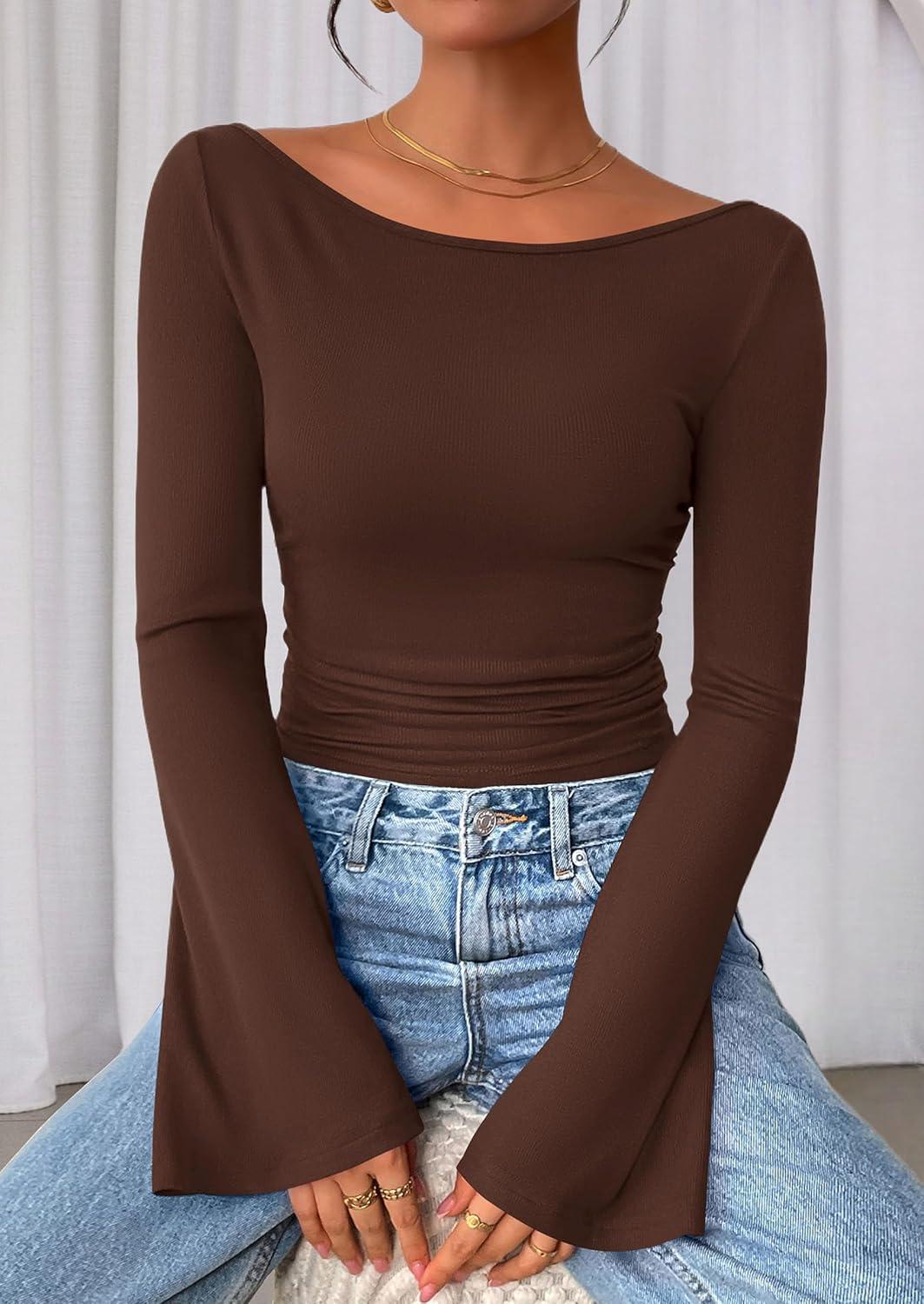 imagePRETTYGARDEN Womens Long Sleeve Shirts 2025 Fall Crop Going Out Tops Casual Boat Neck Bell Sleeve Ribbed Ruched Y2K ClothesBrown