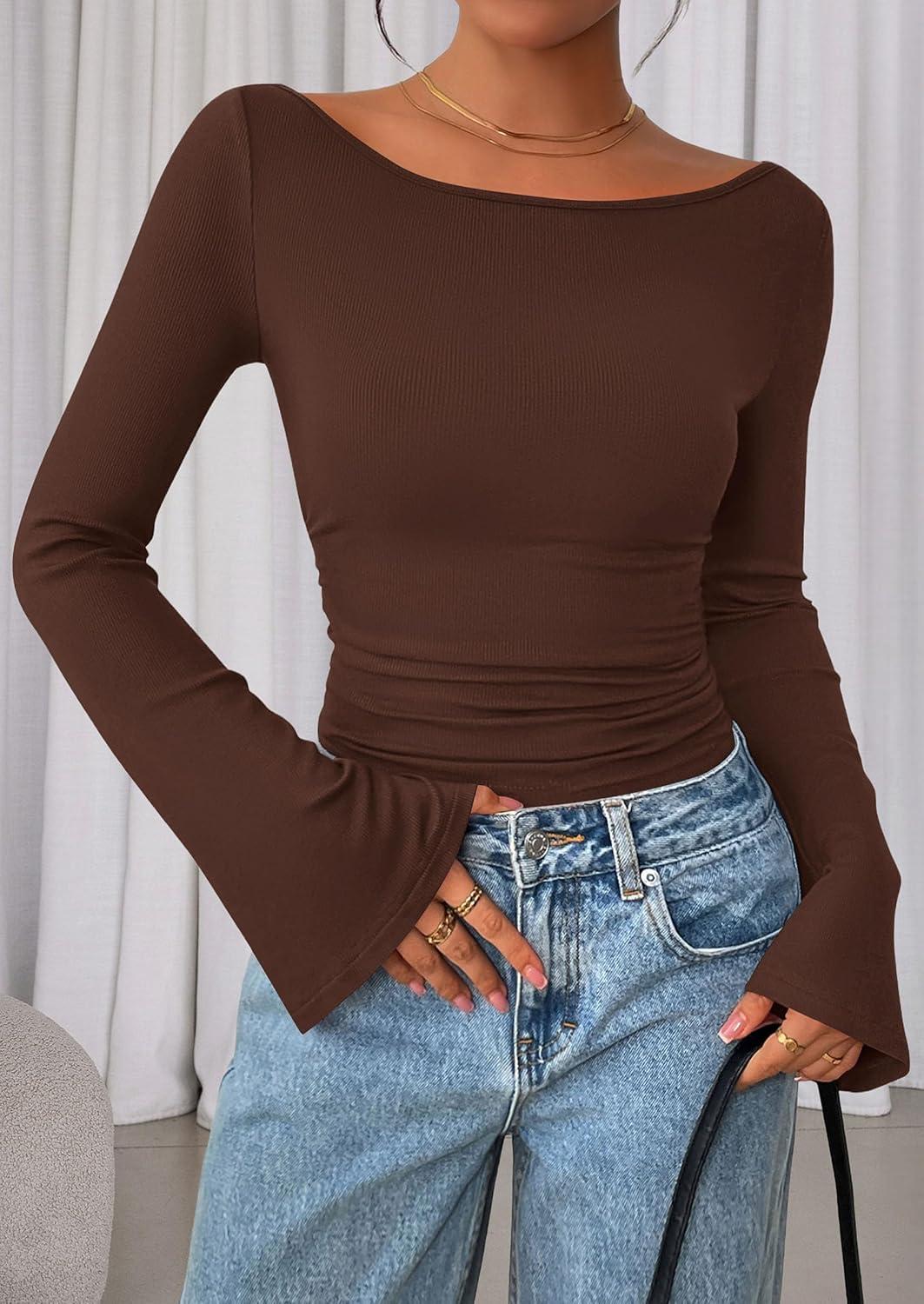 imagePRETTYGARDEN Womens Long Sleeve Shirts 2025 Fall Crop Going Out Tops Casual Boat Neck Bell Sleeve Ribbed Ruched Y2K ClothesBrown