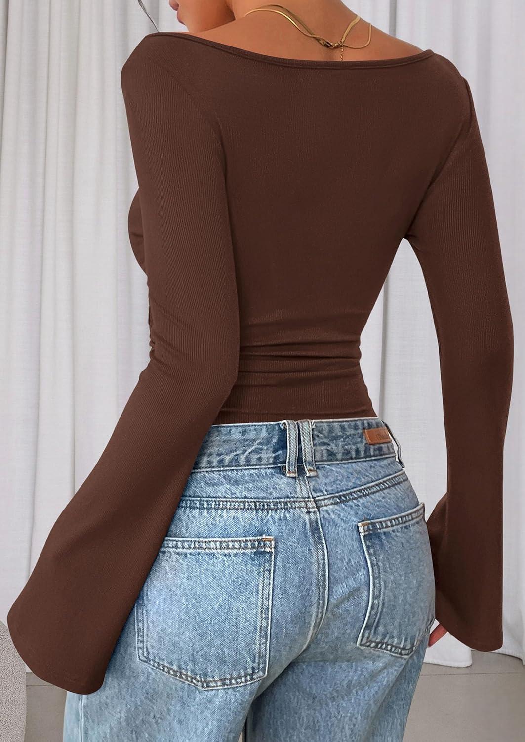 imagePRETTYGARDEN Womens Long Sleeve Shirts 2025 Fall Crop Going Out Tops Casual Boat Neck Bell Sleeve Ribbed Ruched Y2K ClothesBrown