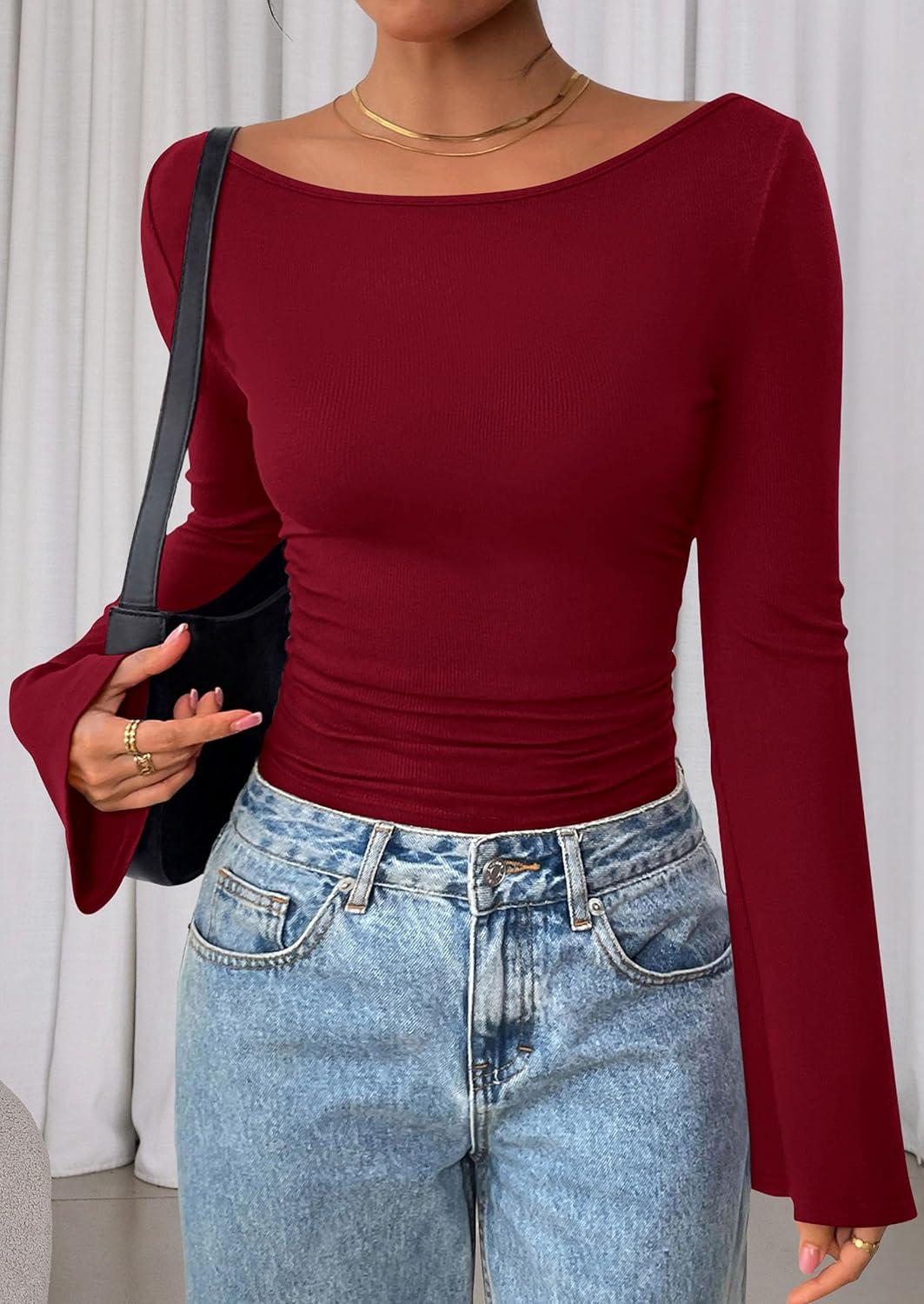 imagePRETTYGARDEN Womens Long Sleeve Shirts 2025 Fall Crop Going Out Tops Casual Boat Neck Bell Sleeve Ribbed Ruched Y2K ClothesBurgundy