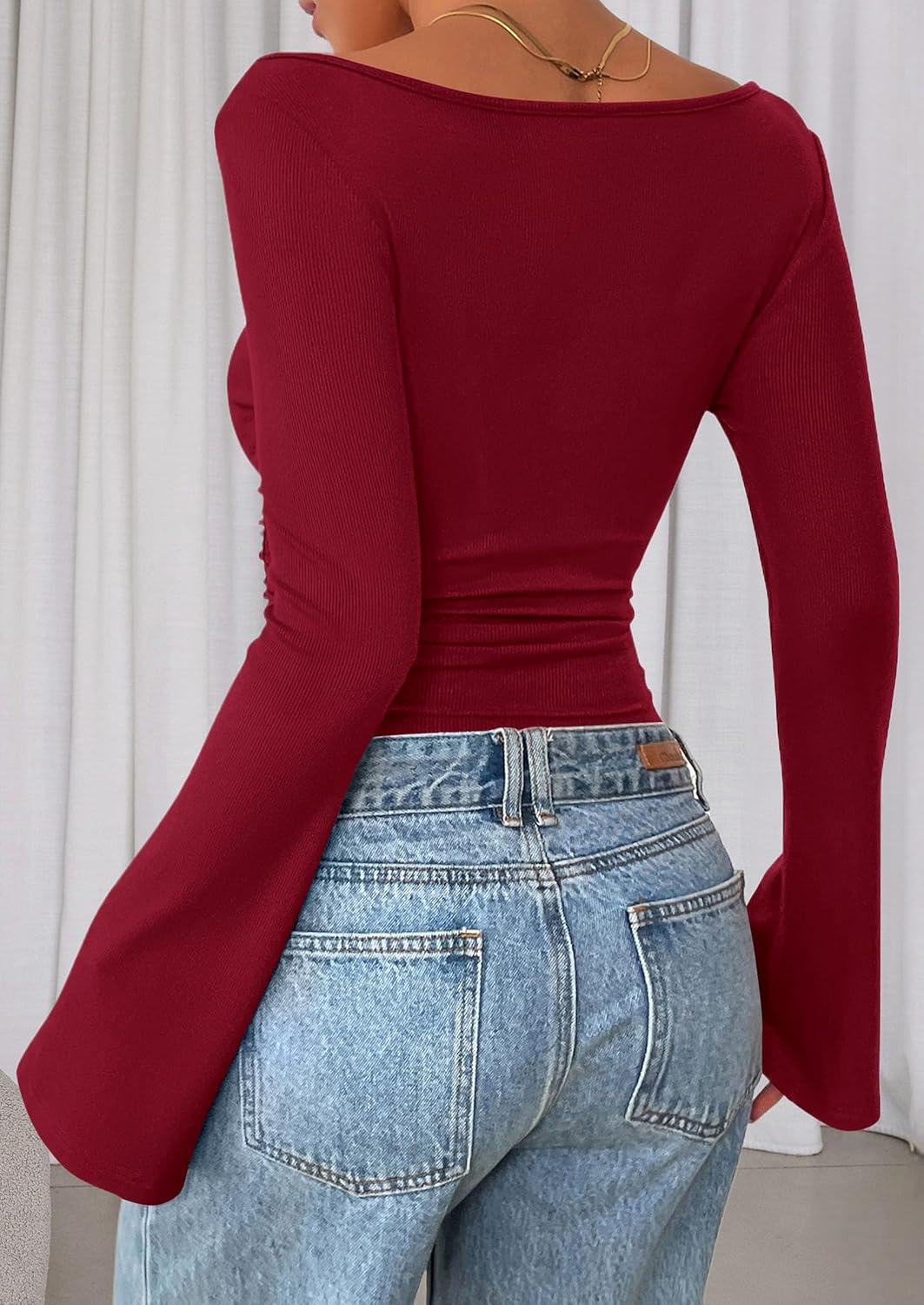 imagePRETTYGARDEN Womens Long Sleeve Shirts 2025 Fall Crop Going Out Tops Casual Boat Neck Bell Sleeve Ribbed Ruched Y2K ClothesBurgundy