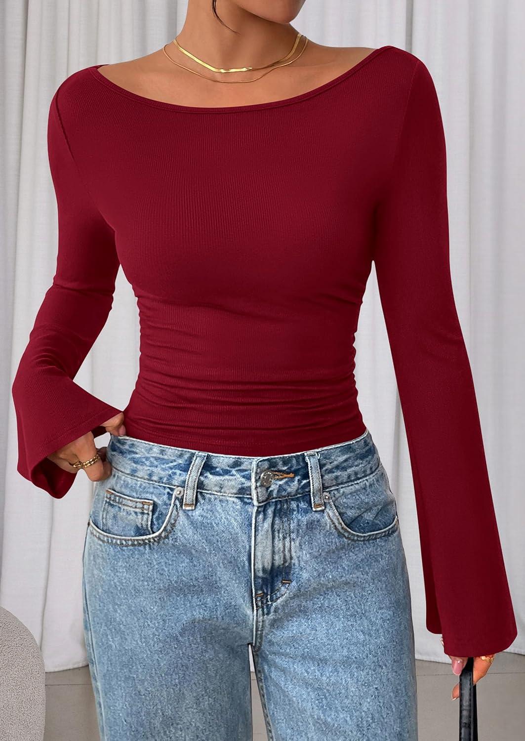 imagePRETTYGARDEN Womens Long Sleeve Shirts 2025 Fall Crop Going Out Tops Casual Boat Neck Bell Sleeve Ribbed Ruched Y2K ClothesBurgundy