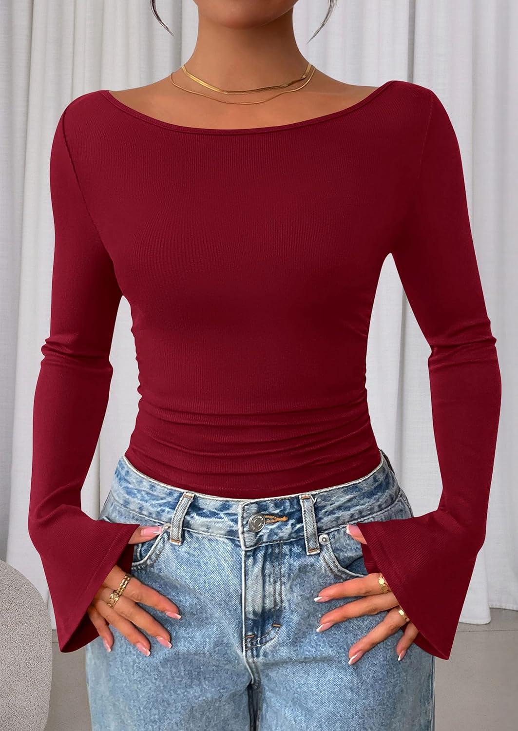 imagePRETTYGARDEN Womens Long Sleeve Shirts 2025 Fall Crop Going Out Tops Casual Boat Neck Bell Sleeve Ribbed Ruched Y2K ClothesBurgundy