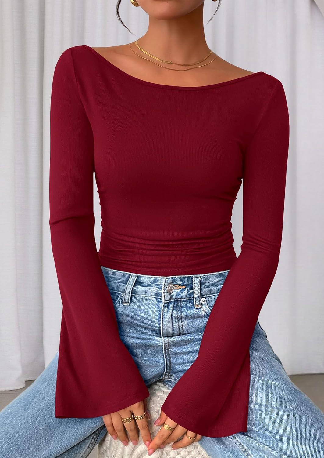 imagePRETTYGARDEN Womens Long Sleeve Shirts 2025 Fall Crop Going Out Tops Casual Boat Neck Bell Sleeve Ribbed Ruched Y2K ClothesBurgundy