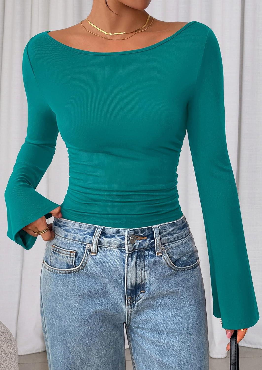 imagePRETTYGARDEN Womens Long Sleeve Shirts 2025 Fall Crop Going Out Tops Casual Boat Neck Bell Sleeve Ribbed Ruched Y2K ClothesDark Cyan
