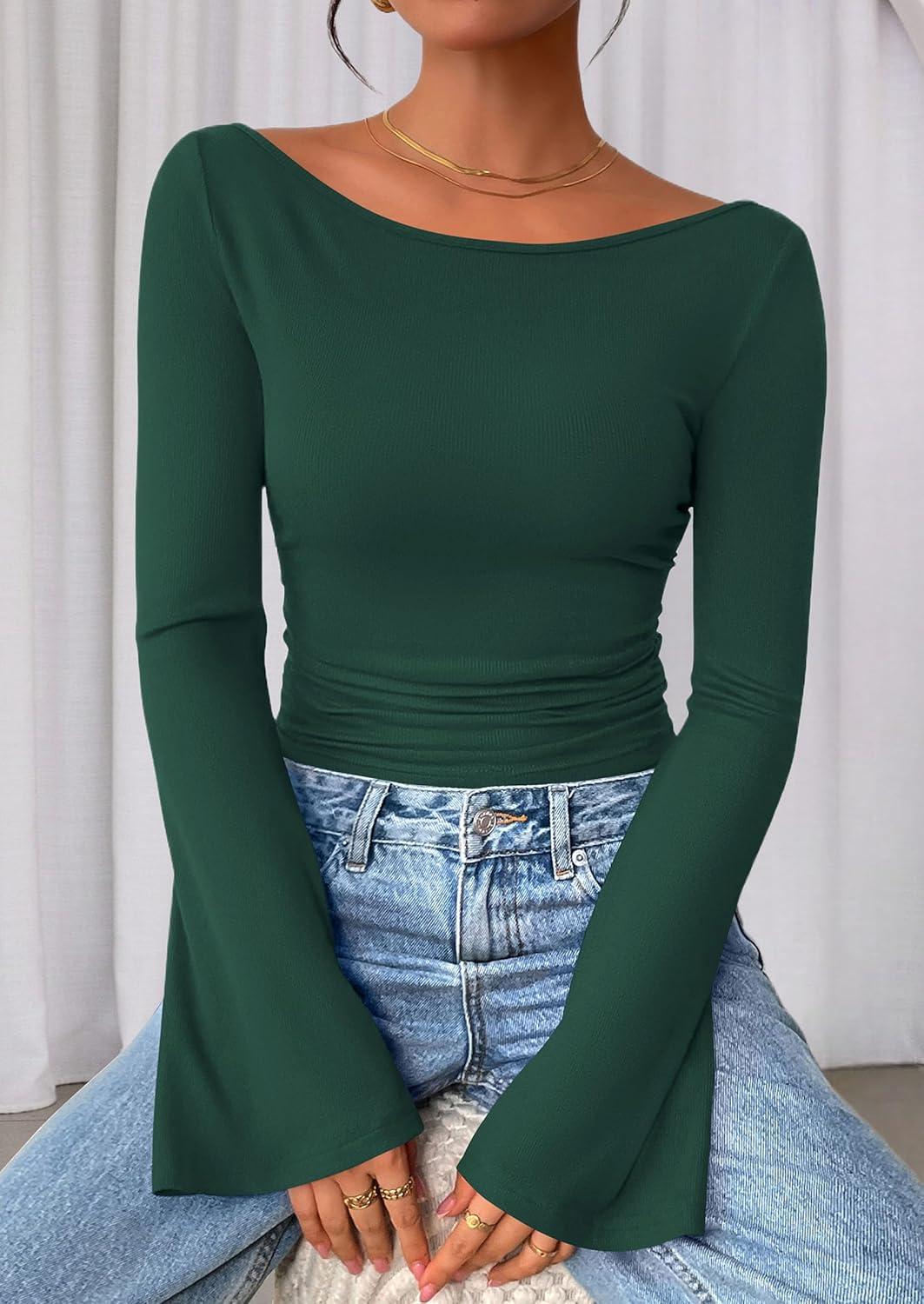 imagePRETTYGARDEN Womens Long Sleeve Shirts 2025 Fall Crop Going Out Tops Casual Boat Neck Bell Sleeve Ribbed Ruched Y2K ClothesDark Green