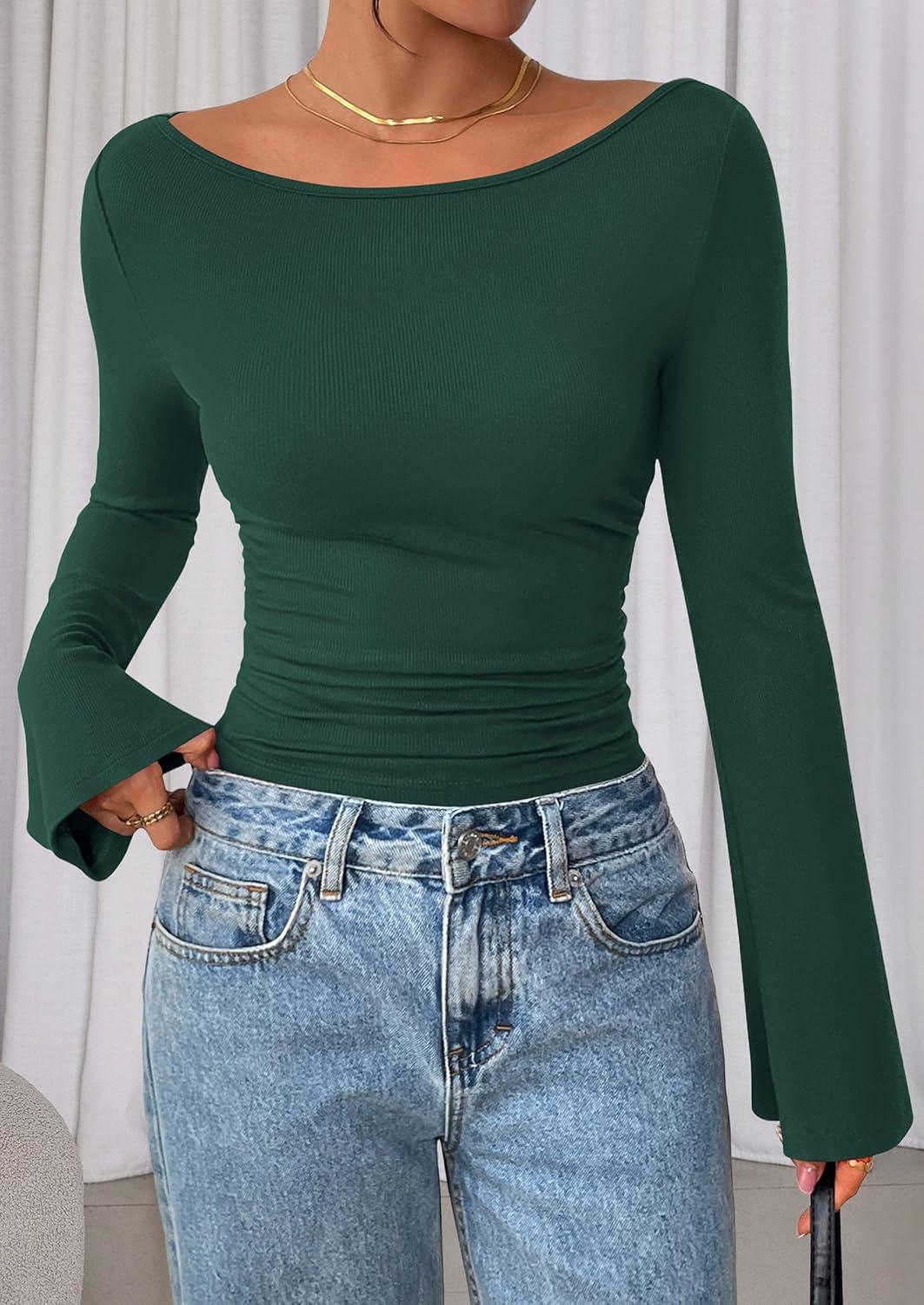 imagePRETTYGARDEN Womens Long Sleeve Shirts 2025 Fall Crop Going Out Tops Casual Boat Neck Bell Sleeve Ribbed Ruched Y2K ClothesDark Green