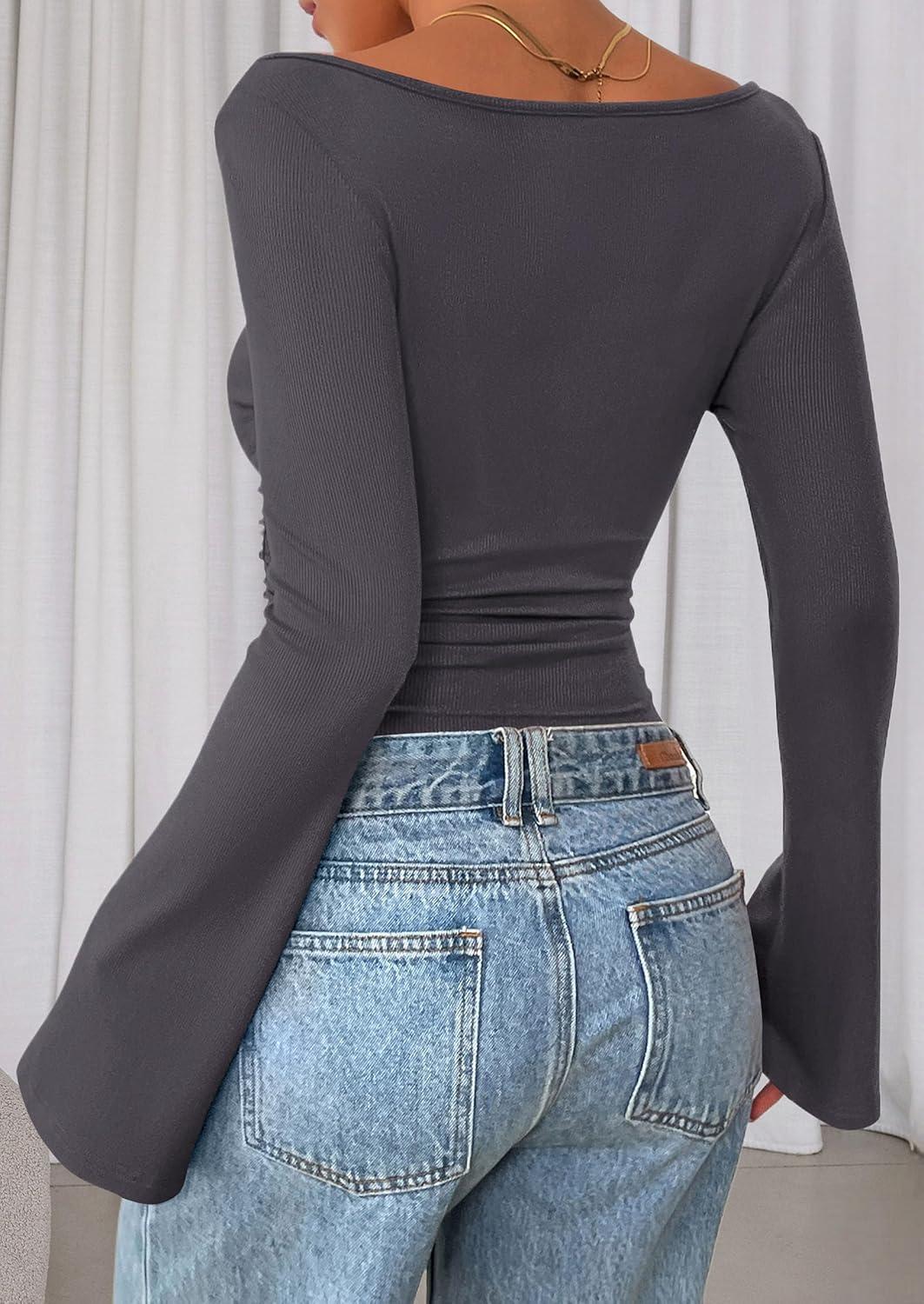 imagePRETTYGARDEN Womens Long Sleeve Shirts 2025 Fall Crop Going Out Tops Casual Boat Neck Bell Sleeve Ribbed Ruched Y2K ClothesDark Grey