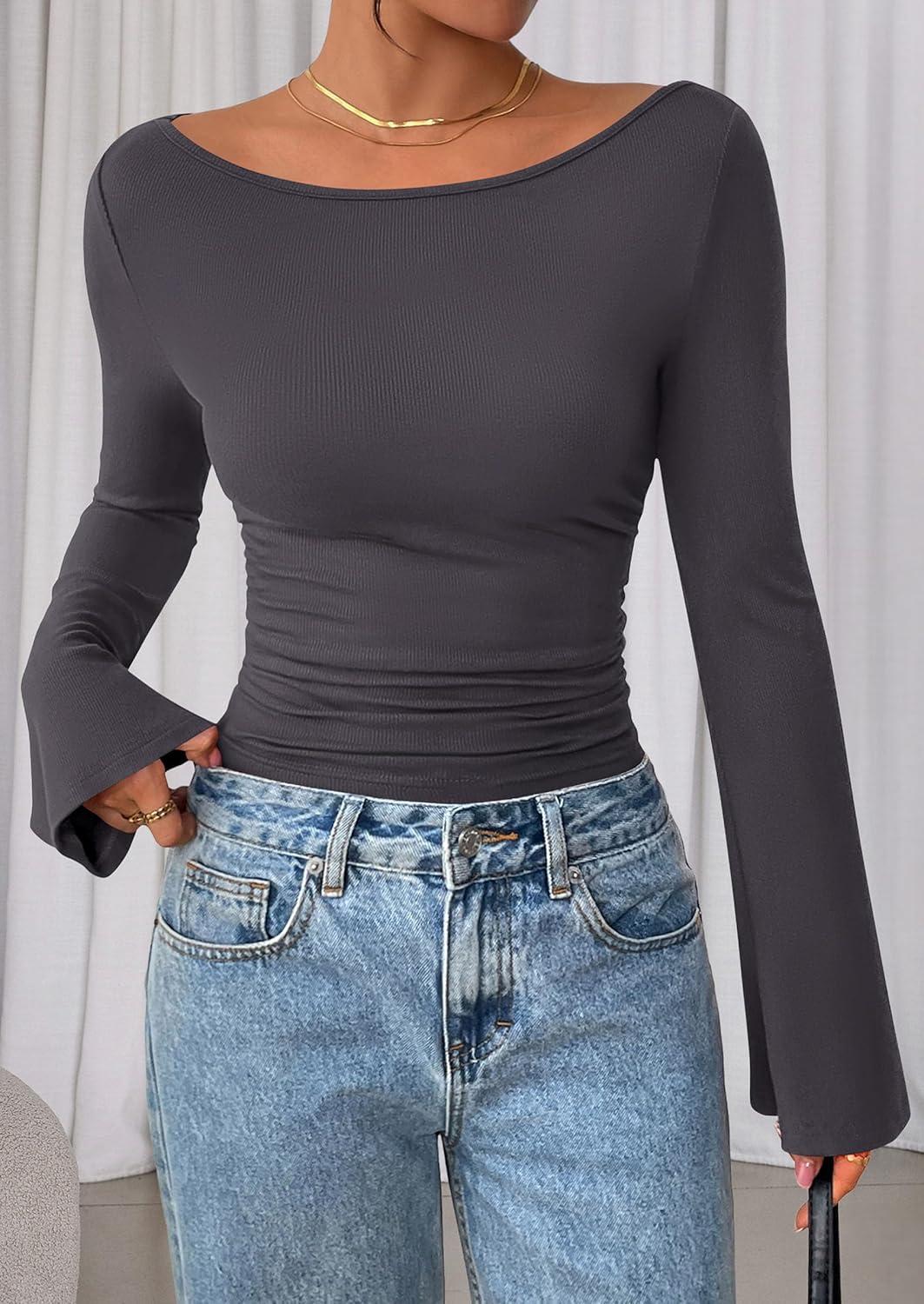 imagePRETTYGARDEN Womens Long Sleeve Shirts 2025 Fall Crop Going Out Tops Casual Boat Neck Bell Sleeve Ribbed Ruched Y2K ClothesDark Grey