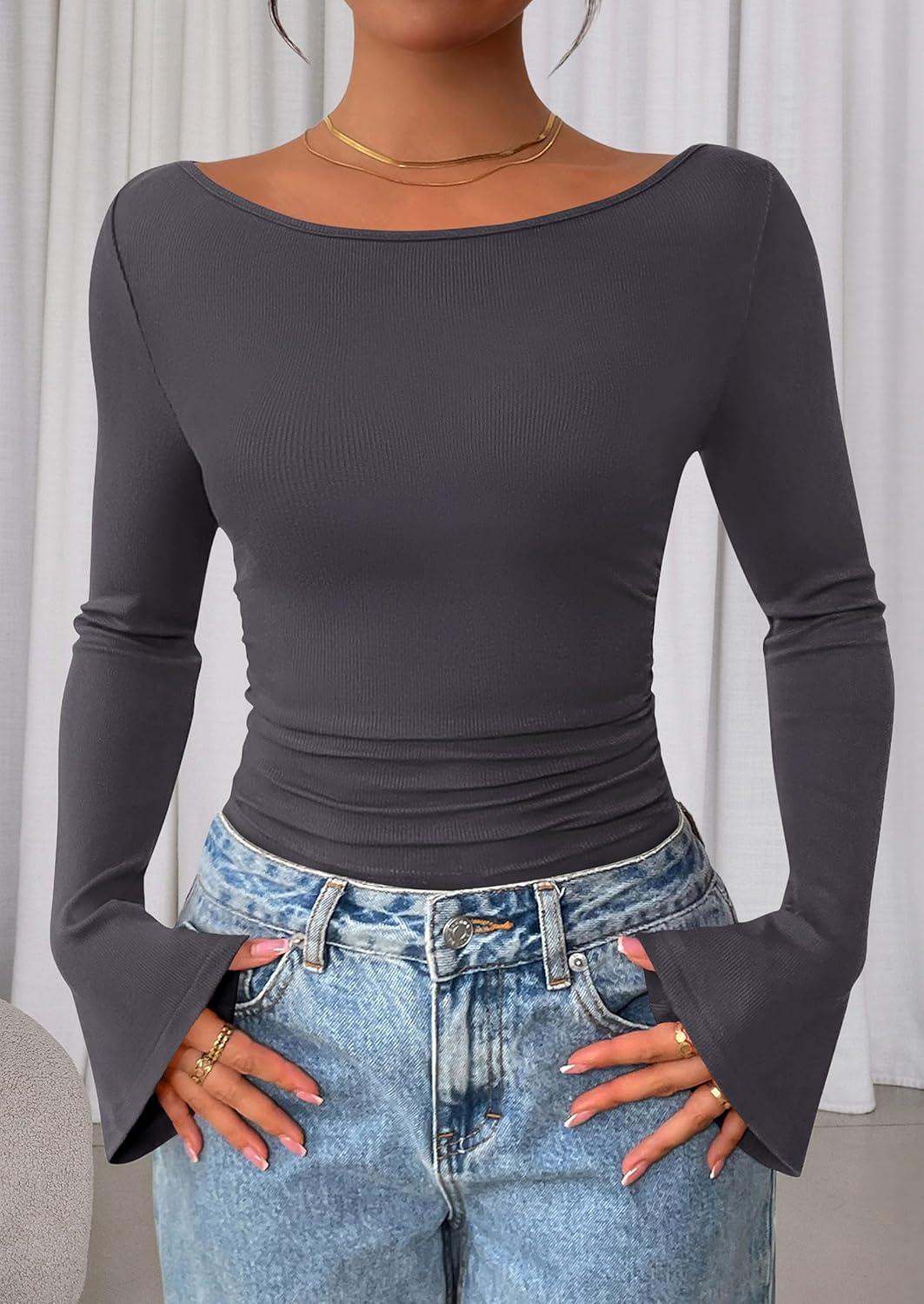 imagePRETTYGARDEN Womens Long Sleeve Shirts 2025 Fall Crop Going Out Tops Casual Boat Neck Bell Sleeve Ribbed Ruched Y2K ClothesDark Grey