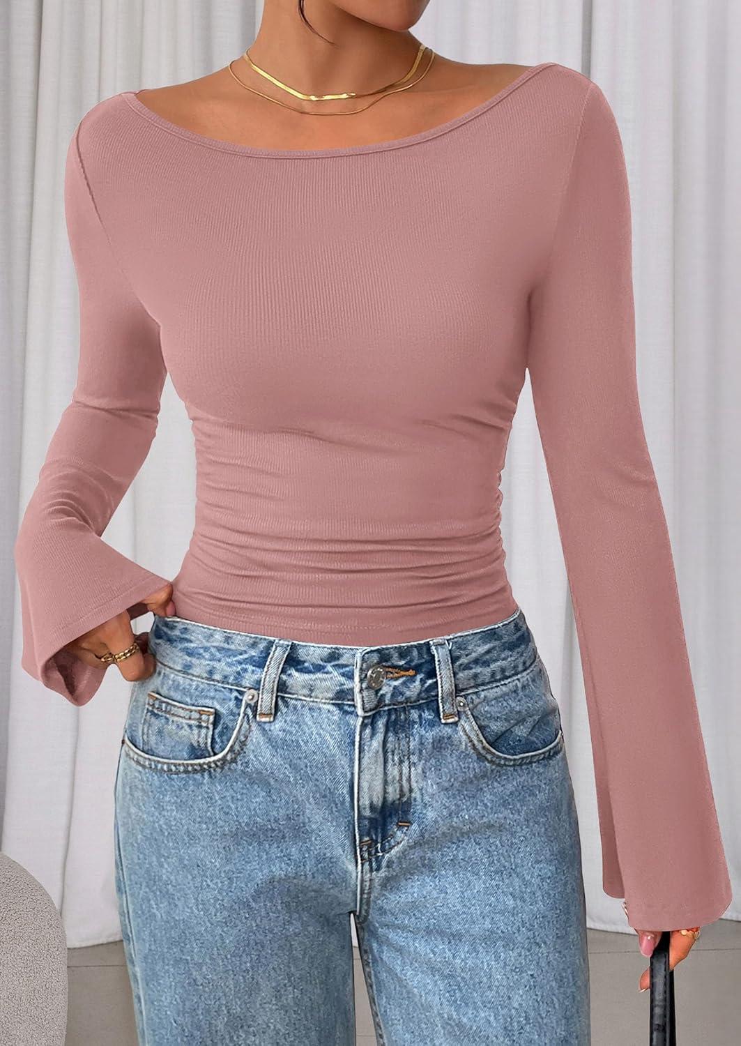 imagePRETTYGARDEN Womens Long Sleeve Shirts 2025 Fall Crop Going Out Tops Casual Boat Neck Bell Sleeve Ribbed Ruched Y2K ClothesDusty Pink