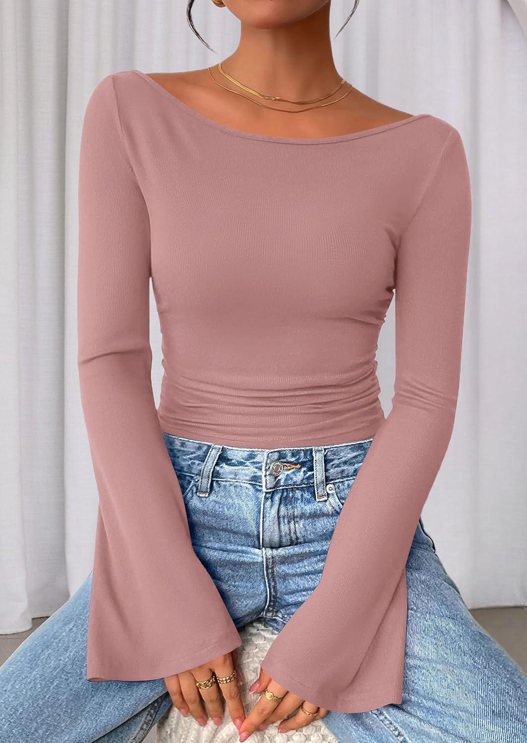 imagePRETTYGARDEN Womens Long Sleeve Shirts 2025 Fall Crop Going Out Tops Casual Boat Neck Bell Sleeve Ribbed Ruched Y2K ClothesDusty Pink