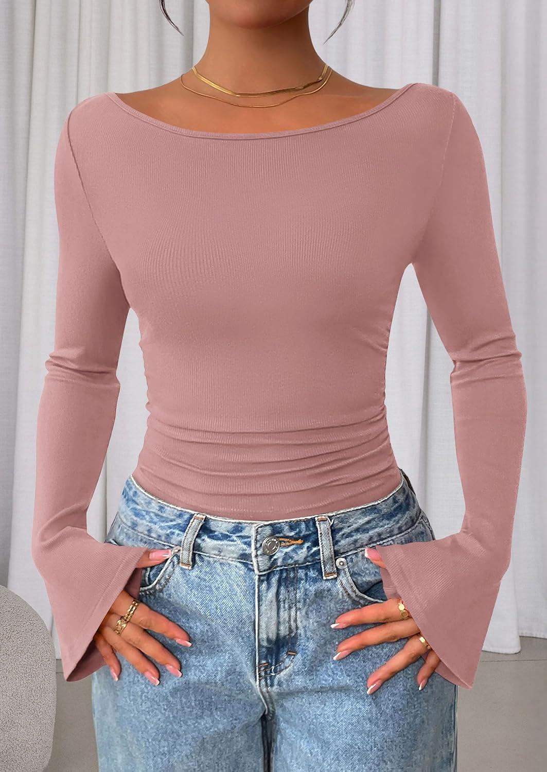 imagePRETTYGARDEN Womens Long Sleeve Shirts 2025 Fall Crop Going Out Tops Casual Boat Neck Bell Sleeve Ribbed Ruched Y2K ClothesDusty Pink
