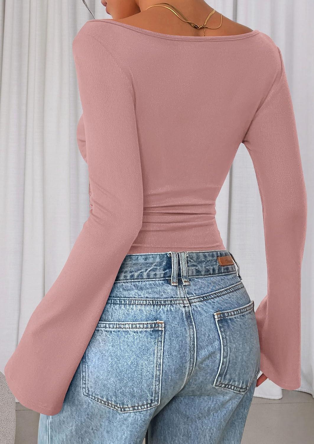 imagePRETTYGARDEN Womens Long Sleeve Shirts 2025 Fall Crop Going Out Tops Casual Boat Neck Bell Sleeve Ribbed Ruched Y2K ClothesDusty Pink