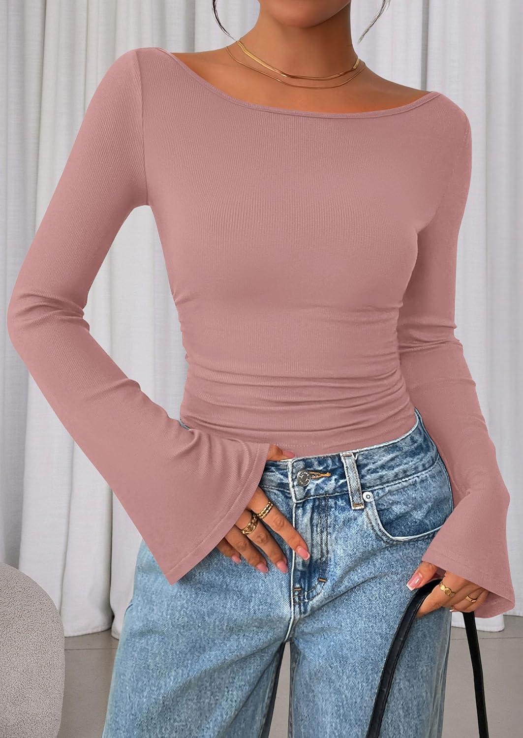 imagePRETTYGARDEN Womens Long Sleeve Shirts 2025 Fall Crop Going Out Tops Casual Boat Neck Bell Sleeve Ribbed Ruched Y2K ClothesDusty Pink