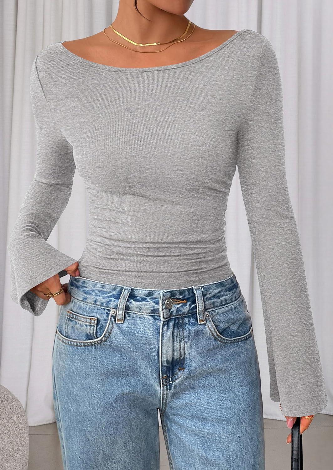 imagePRETTYGARDEN Womens Long Sleeve Shirts 2025 Fall Crop Going Out Tops Casual Boat Neck Bell Sleeve Ribbed Ruched Y2K ClothesGrey