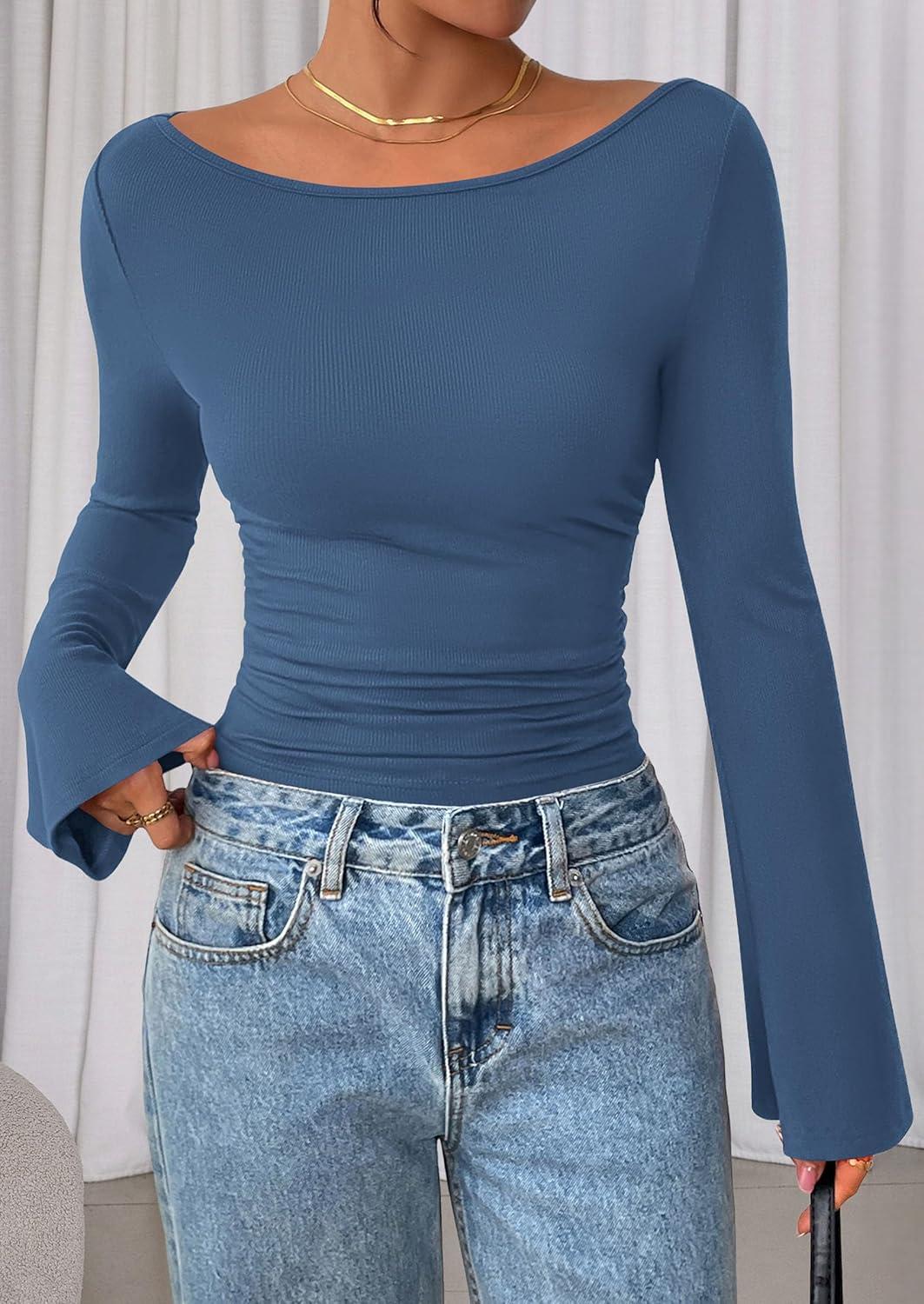 imagePRETTYGARDEN Womens Long Sleeve Shirts 2025 Fall Crop Going Out Tops Casual Boat Neck Bell Sleeve Ribbed Ruched Y2K ClothesGrey Blue