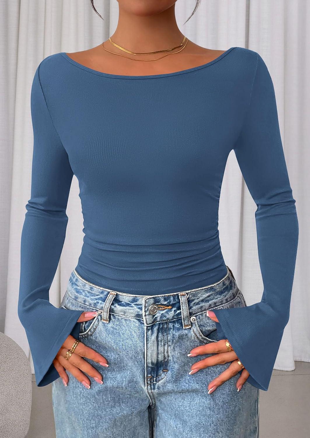 imagePRETTYGARDEN Womens Long Sleeve Shirts 2025 Fall Crop Going Out Tops Casual Boat Neck Bell Sleeve Ribbed Ruched Y2K ClothesGrey Blue