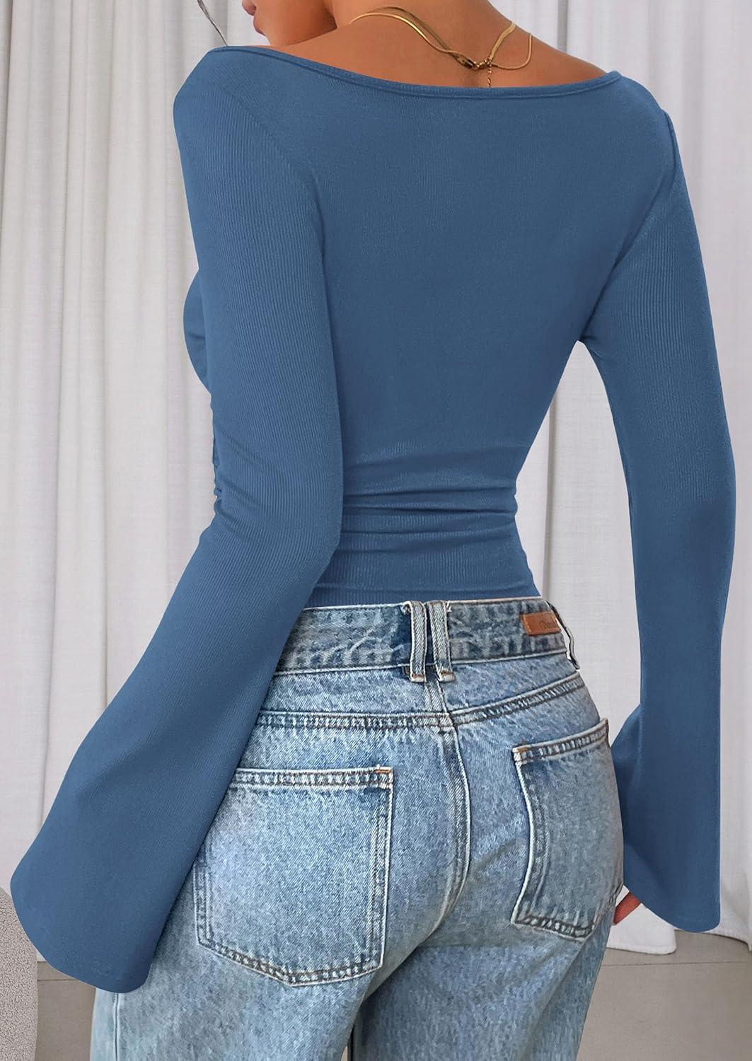 imagePRETTYGARDEN Womens Long Sleeve Shirts 2025 Fall Crop Going Out Tops Casual Boat Neck Bell Sleeve Ribbed Ruched Y2K ClothesGrey Blue