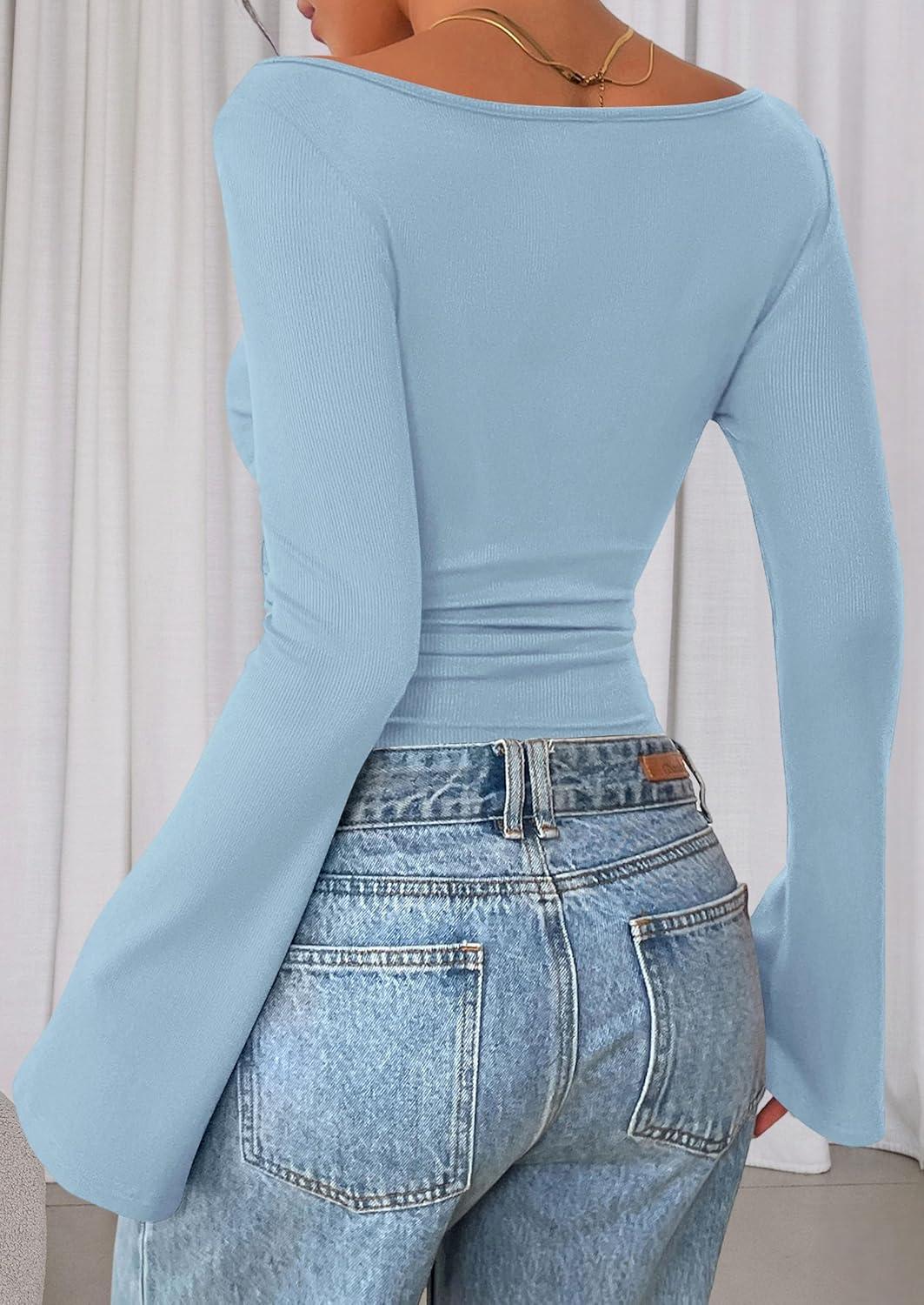 imagePRETTYGARDEN Womens Long Sleeve Shirts 2025 Fall Crop Going Out Tops Casual Boat Neck Bell Sleeve Ribbed Ruched Y2K ClothesLight Blue