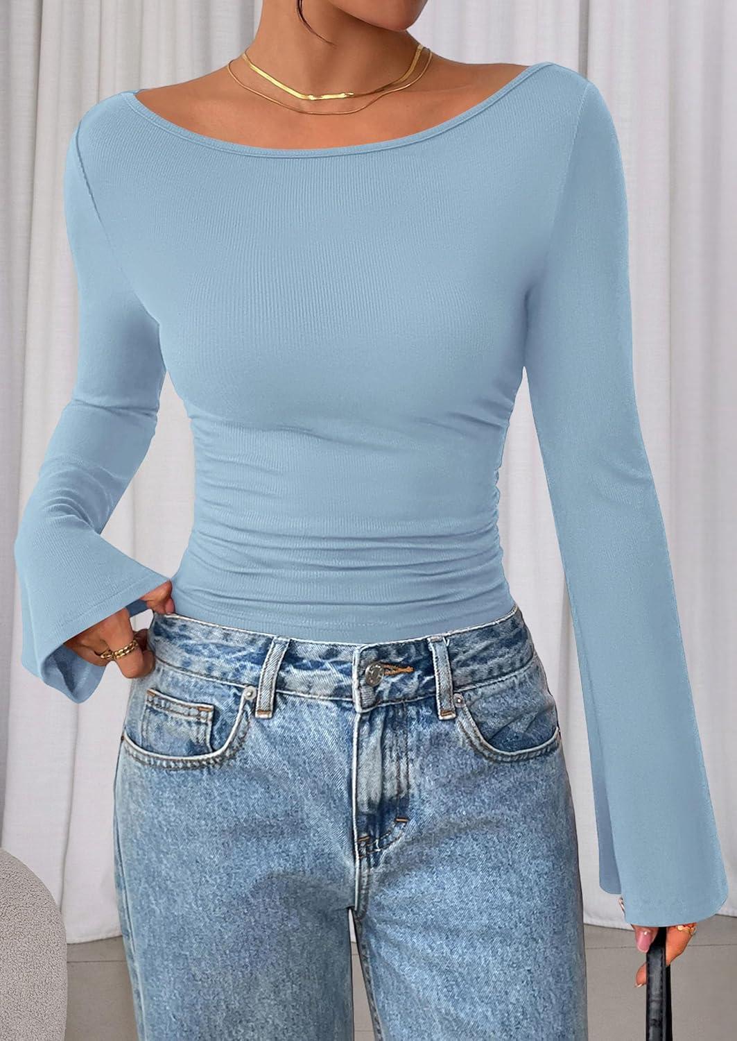 imagePRETTYGARDEN Womens Long Sleeve Shirts 2025 Fall Crop Going Out Tops Casual Boat Neck Bell Sleeve Ribbed Ruched Y2K ClothesLight Blue