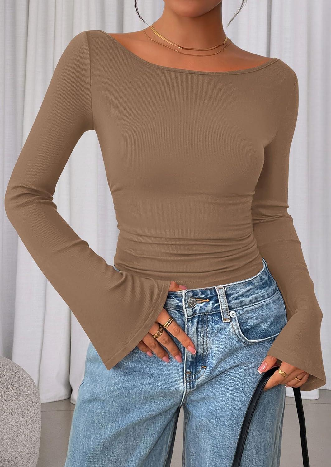 imagePRETTYGARDEN Womens Long Sleeve Shirts 2025 Fall Crop Going Out Tops Casual Boat Neck Bell Sleeve Ribbed Ruched Y2K ClothesLight Brown