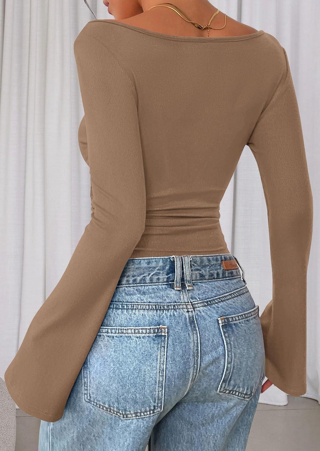 imagePRETTYGARDEN Womens Long Sleeve Shirts 2025 Fall Crop Going Out Tops Casual Boat Neck Bell Sleeve Ribbed Ruched Y2K ClothesLight Brown