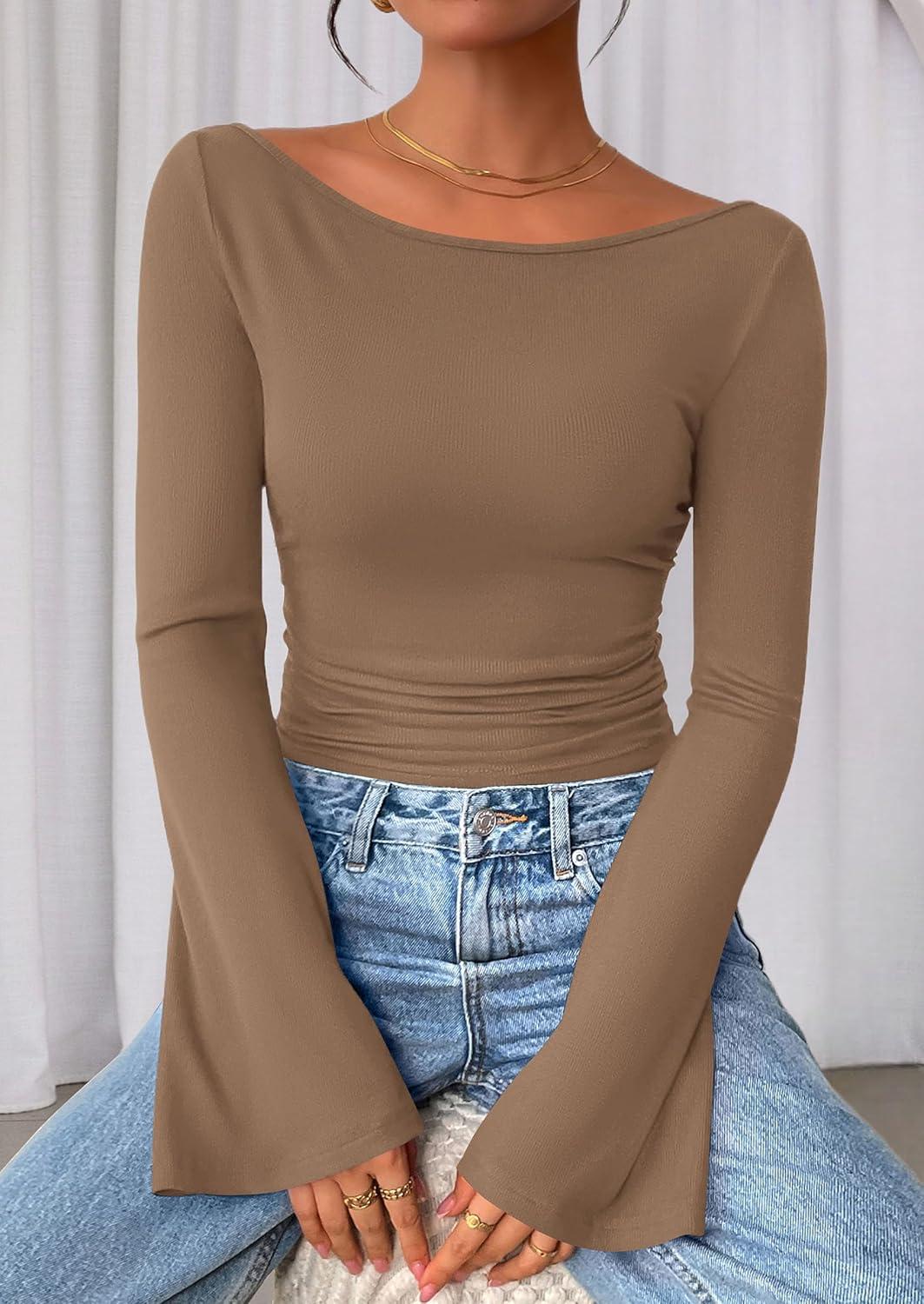 imagePRETTYGARDEN Womens Long Sleeve Shirts 2025 Fall Crop Going Out Tops Casual Boat Neck Bell Sleeve Ribbed Ruched Y2K ClothesLight Brown