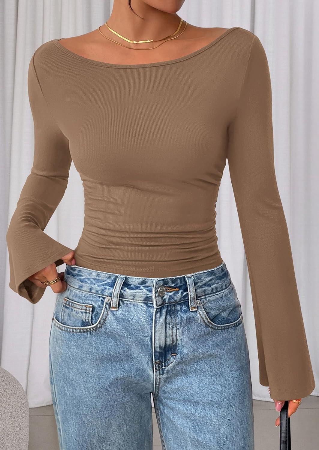 imagePRETTYGARDEN Womens Long Sleeve Shirts 2025 Fall Crop Going Out Tops Casual Boat Neck Bell Sleeve Ribbed Ruched Y2K ClothesLight Brown