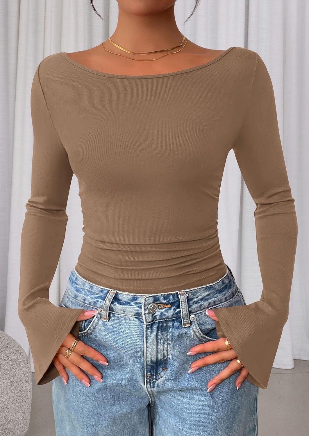 imagePRETTYGARDEN Womens Long Sleeve Shirts 2025 Fall Crop Going Out Tops Casual Boat Neck Bell Sleeve Ribbed Ruched Y2K ClothesLight Brown
