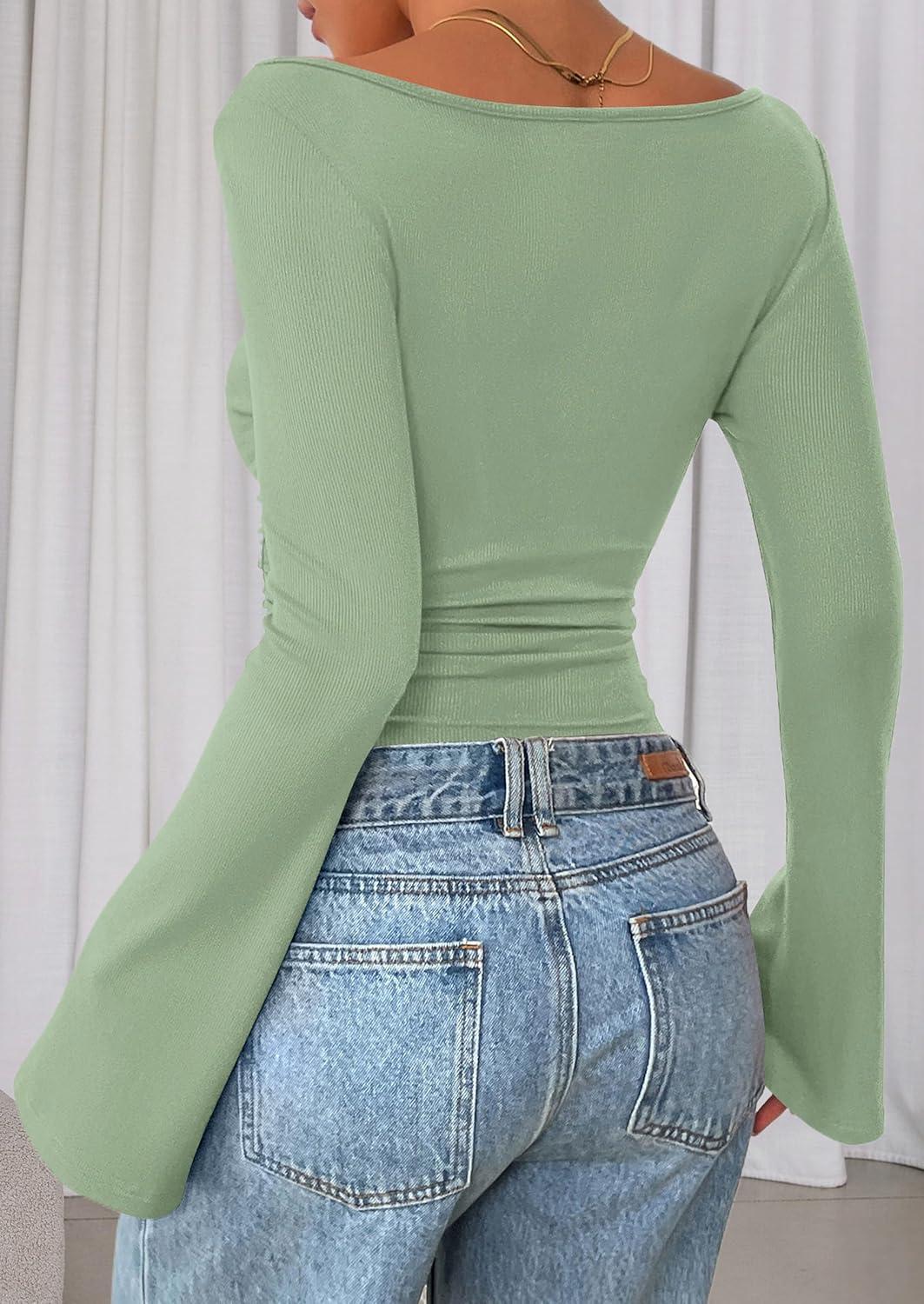 imagePRETTYGARDEN Womens Long Sleeve Shirts 2025 Fall Crop Going Out Tops Casual Boat Neck Bell Sleeve Ribbed Ruched Y2K ClothesLight Green