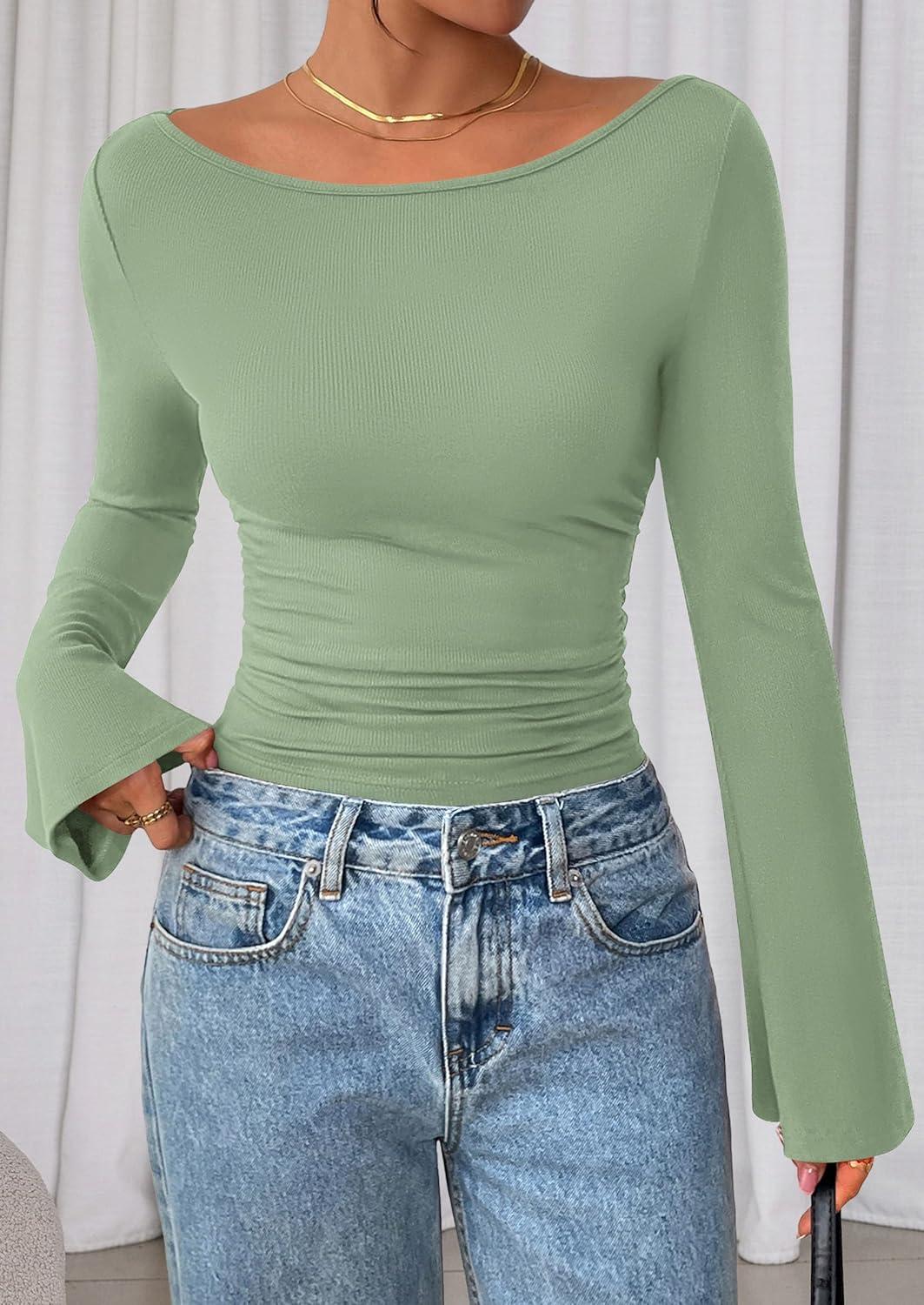 imagePRETTYGARDEN Womens Long Sleeve Shirts 2025 Fall Crop Going Out Tops Casual Boat Neck Bell Sleeve Ribbed Ruched Y2K ClothesLight Green