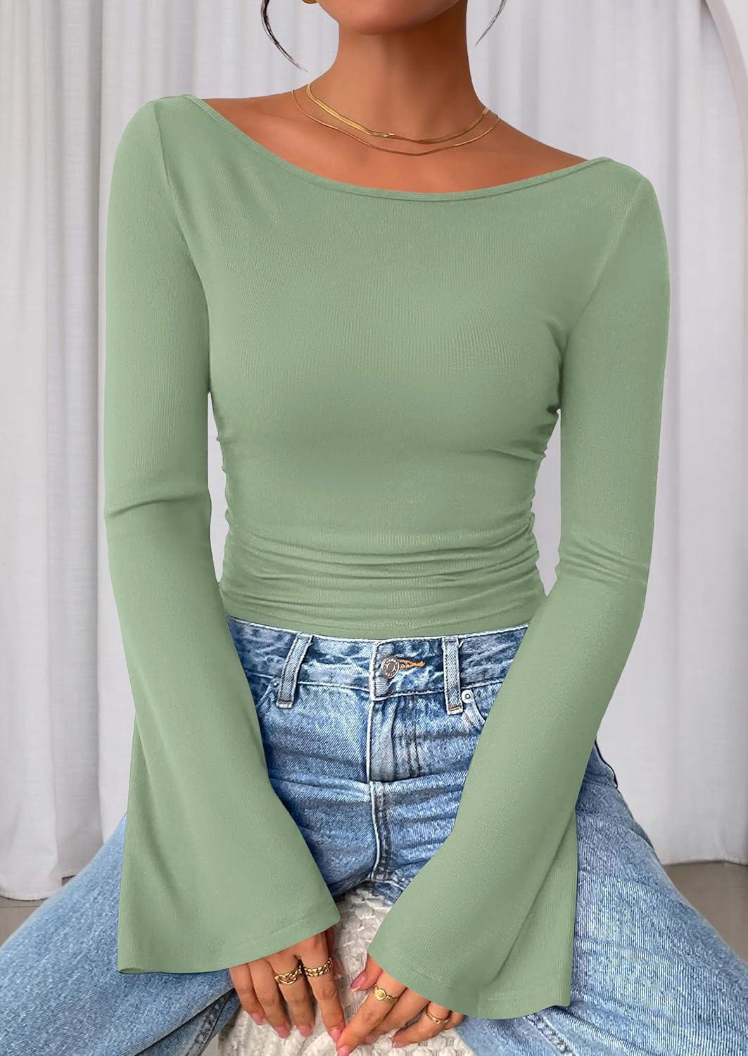 imagePRETTYGARDEN Womens Long Sleeve Shirts 2025 Fall Crop Going Out Tops Casual Boat Neck Bell Sleeve Ribbed Ruched Y2K ClothesLight Green
