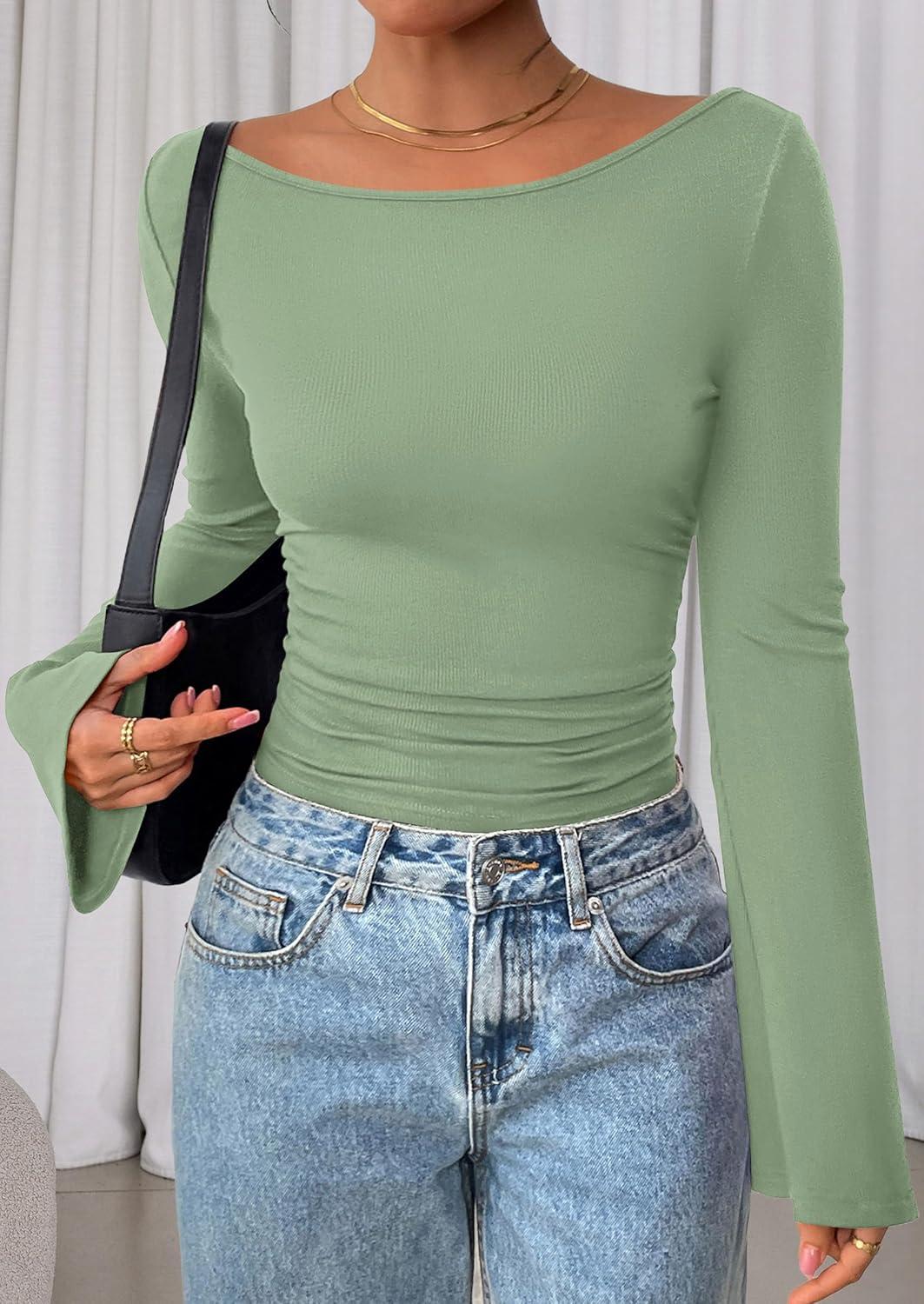 imagePRETTYGARDEN Womens Long Sleeve Shirts 2025 Fall Crop Going Out Tops Casual Boat Neck Bell Sleeve Ribbed Ruched Y2K ClothesLight Green
