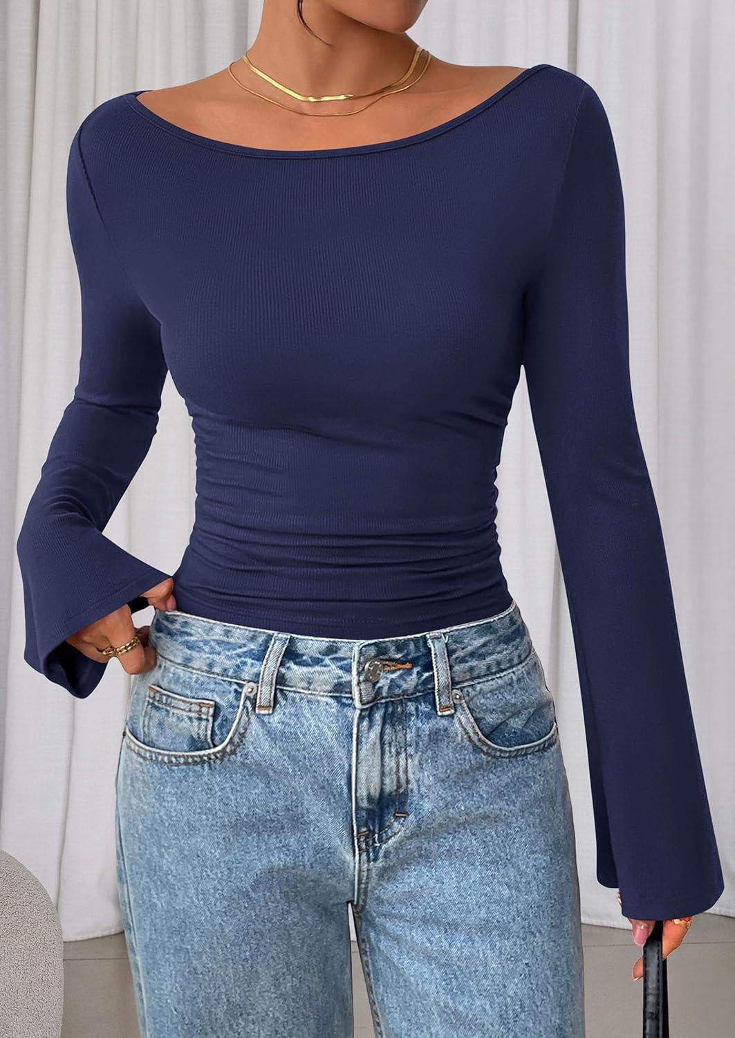 imagePRETTYGARDEN Womens Long Sleeve Shirts 2025 Fall Crop Going Out Tops Casual Boat Neck Bell Sleeve Ribbed Ruched Y2K ClothesNavy Blue